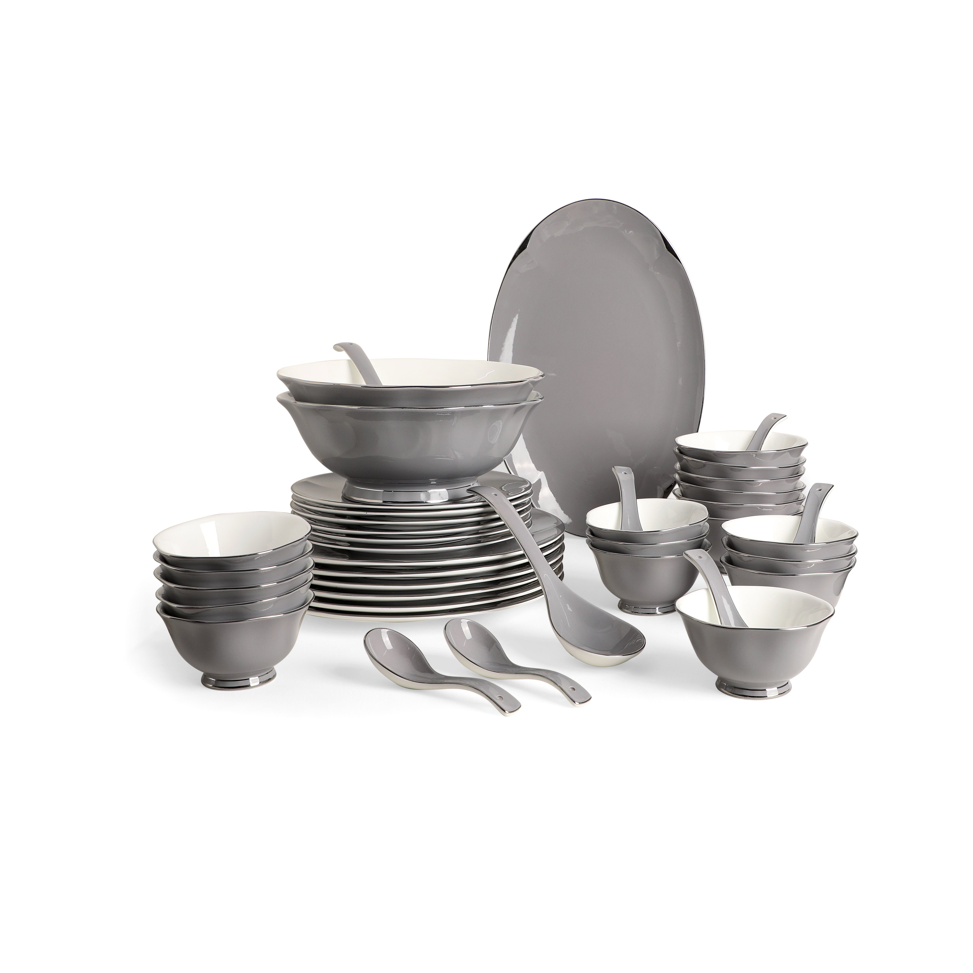 Dinner Set Of 41 Pcs - Grey Porcelain With Silver Plated