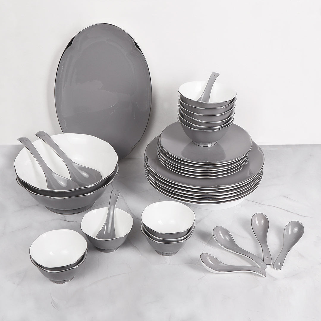 THE HOME CO. Dinner Set Of 41 Pcs - Grey Porcelain With Silver Plated_2