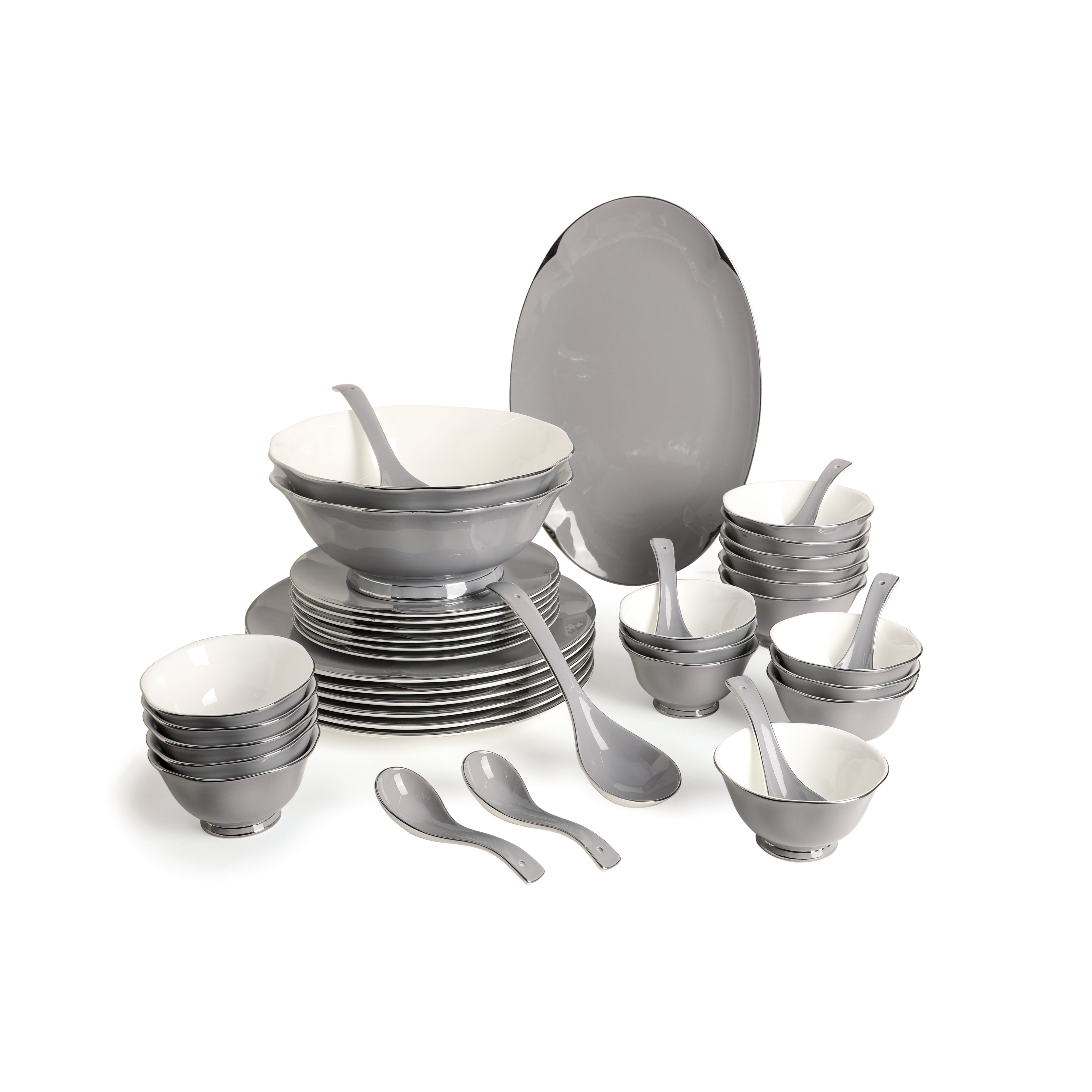 Dinner Set Of 41 Pcs - Grey Porcelain With Silver Plated