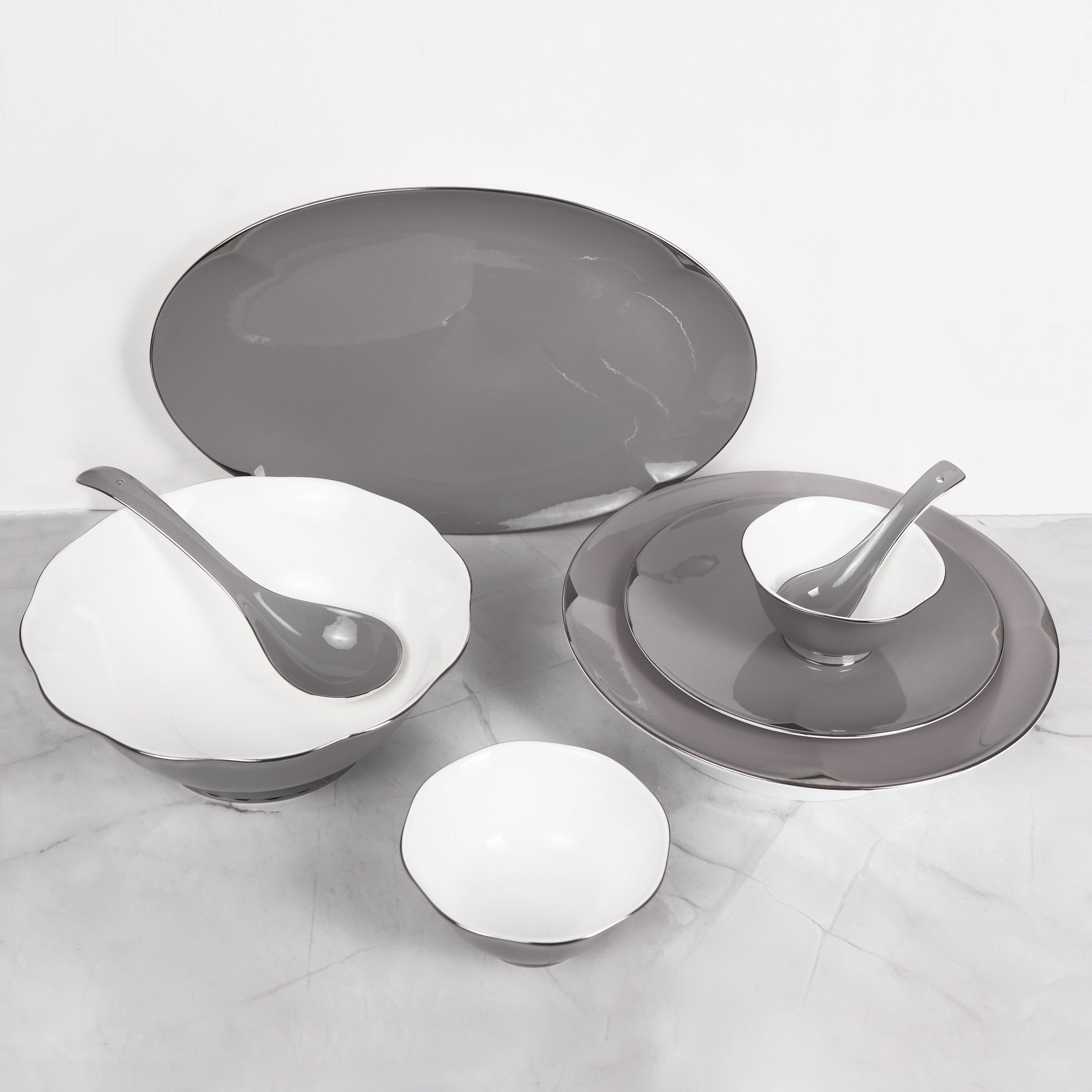 Dinner Set Of 41 Pcs - Grey Porcelain With Silver Plated