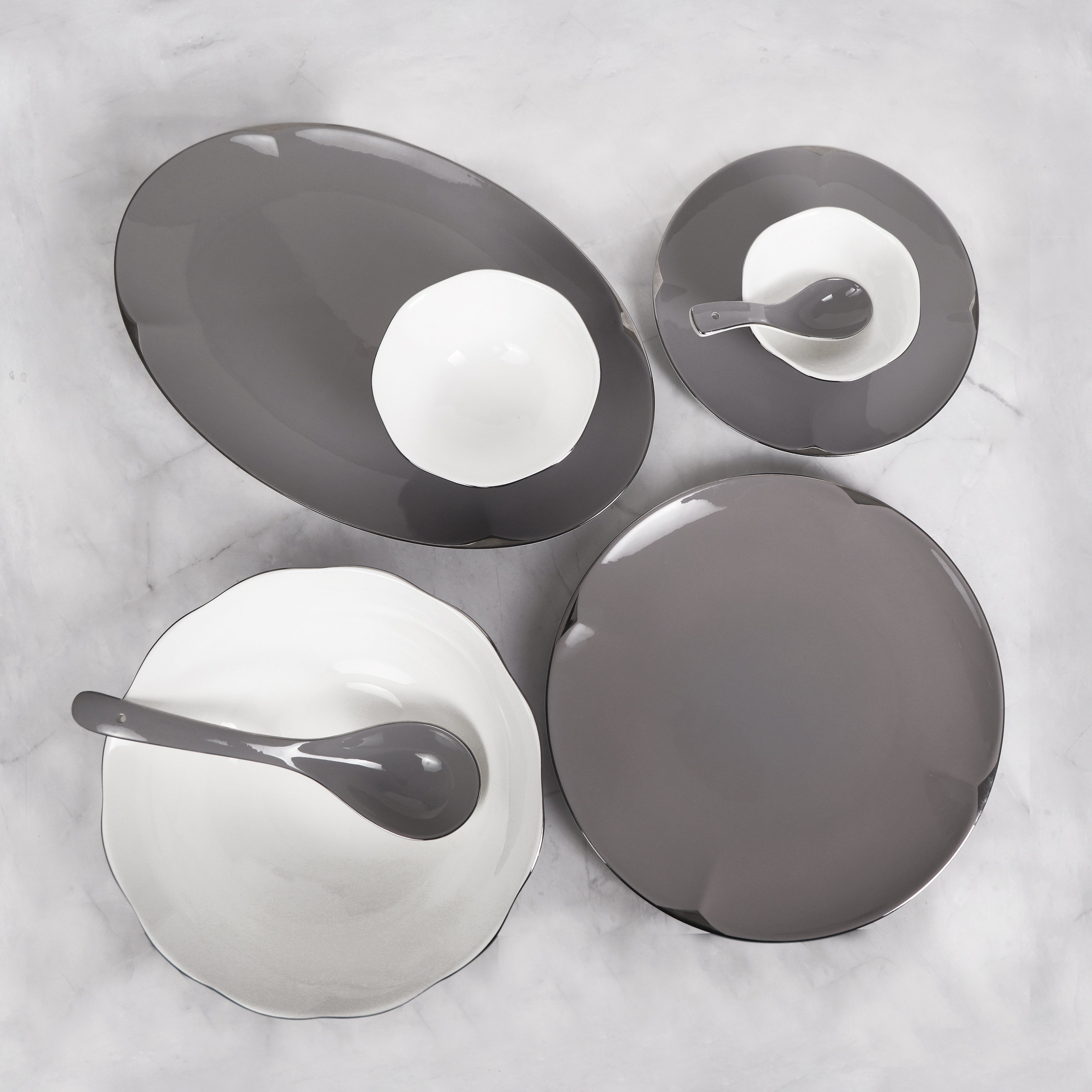 Dinner Set Of 41 Pcs - Grey Porcelain With Silver Plated