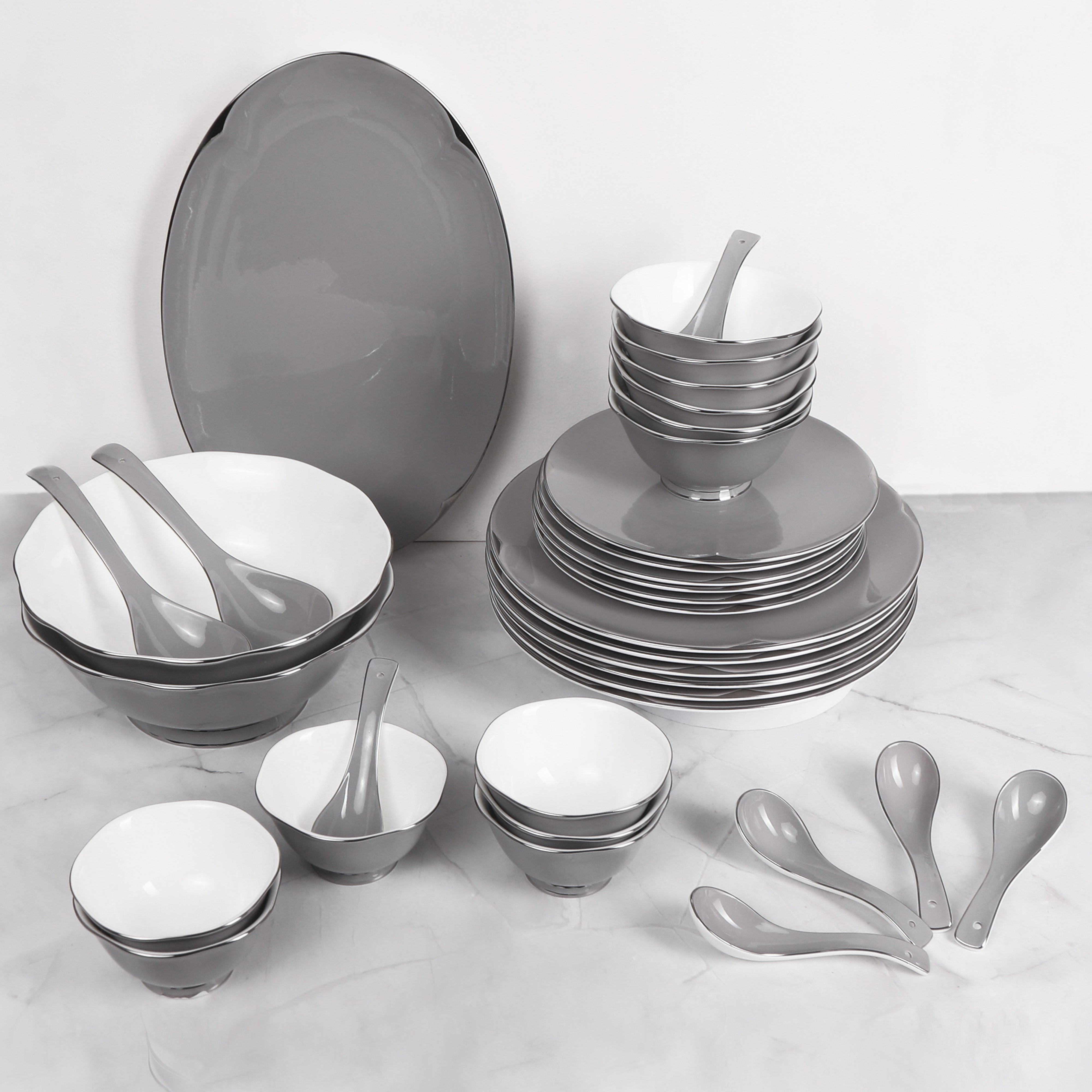 Dinner Set Of 41 Pcs - Grey Porcelain With Silver Plated