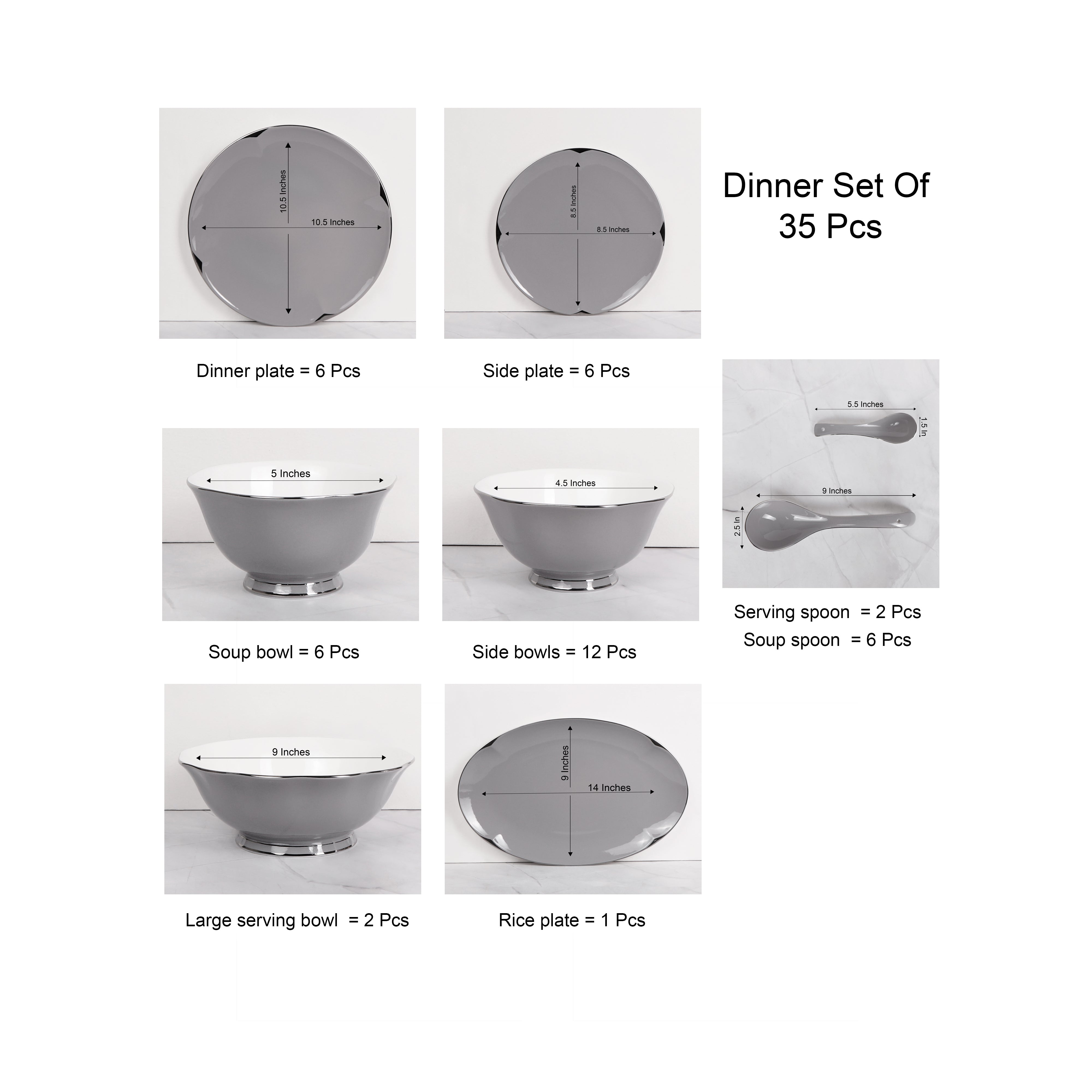 Dinner Set Of 41 Pcs - Grey Porcelain With Silver Plated