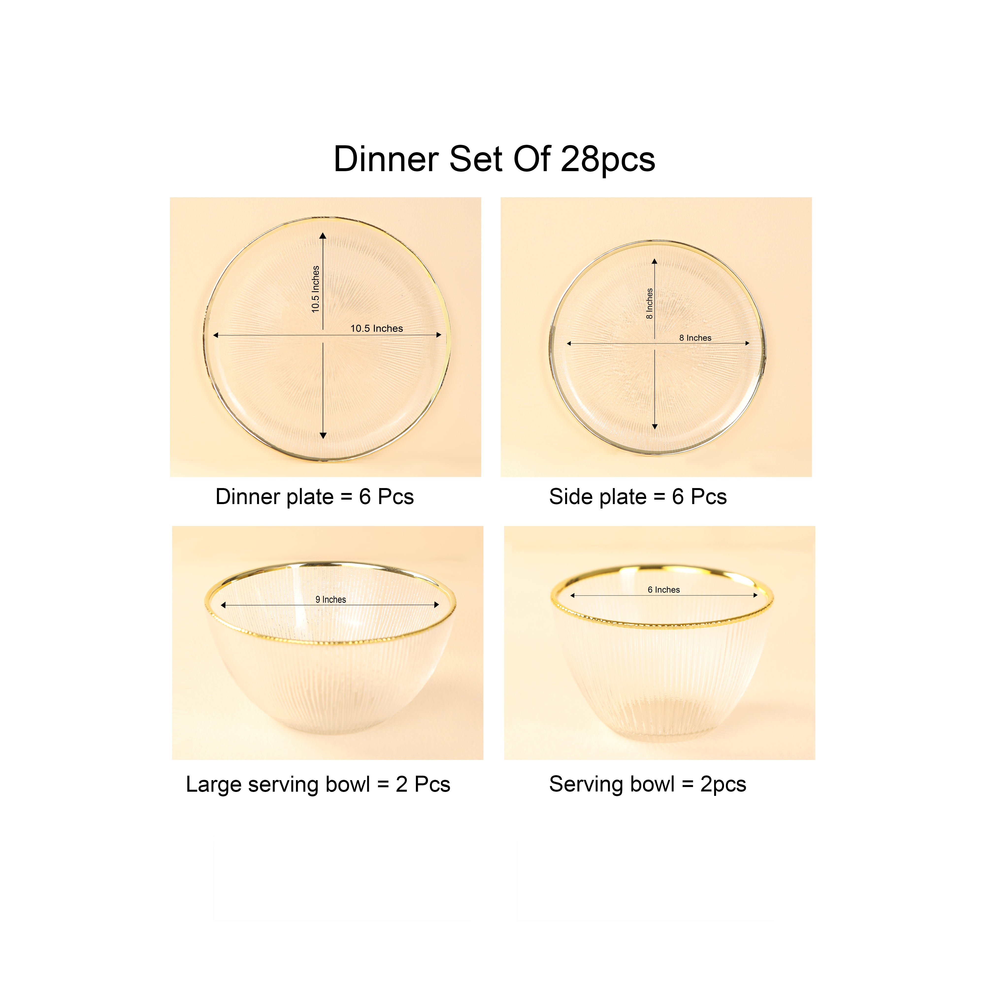 Dinner Set Of 28 Pcs - Glass With Gold Rim