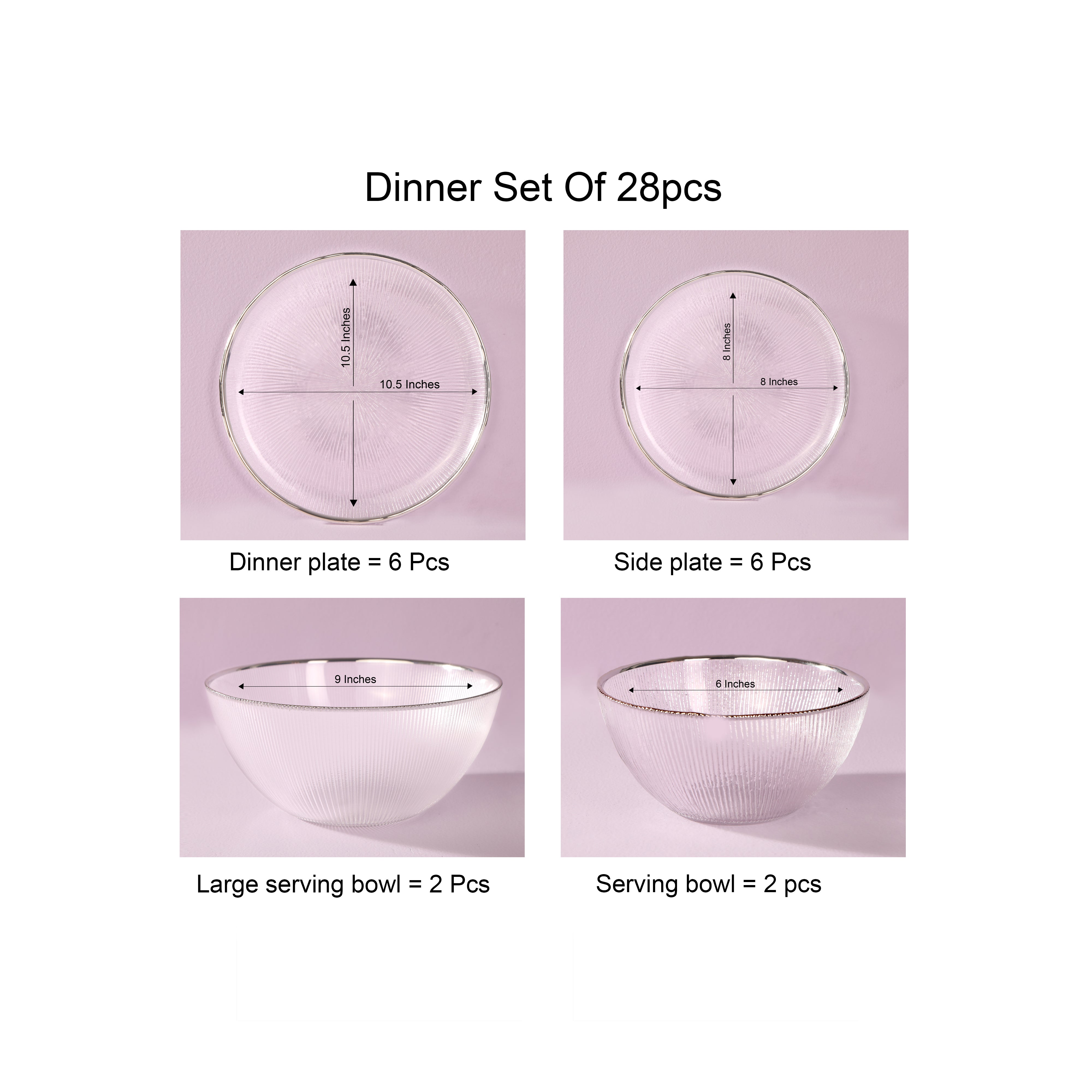 Dinner Set Of 28 Pcs - Glass With Silver Rim