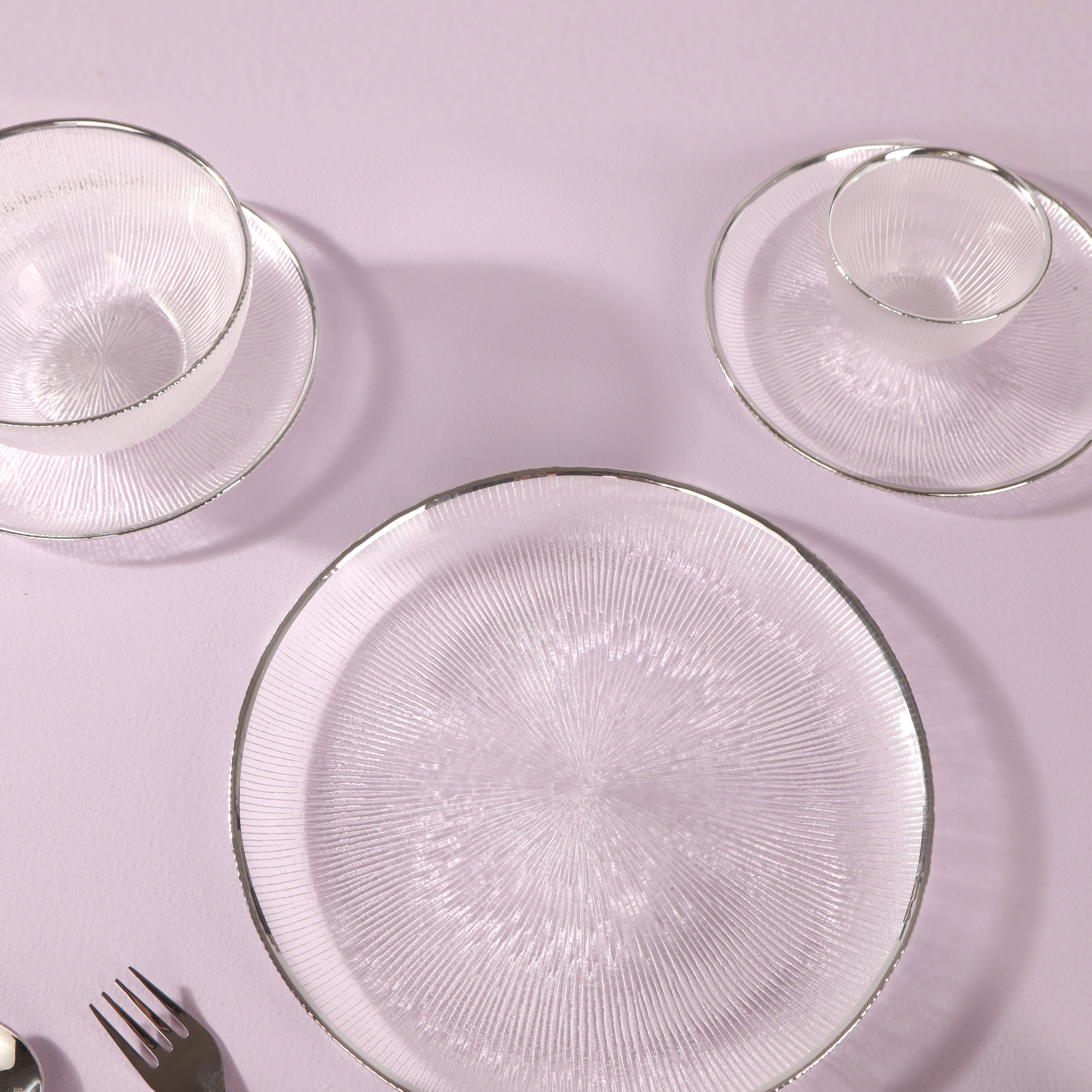 Dinner Set Of 28 Pcs - Glass With Silver Rim