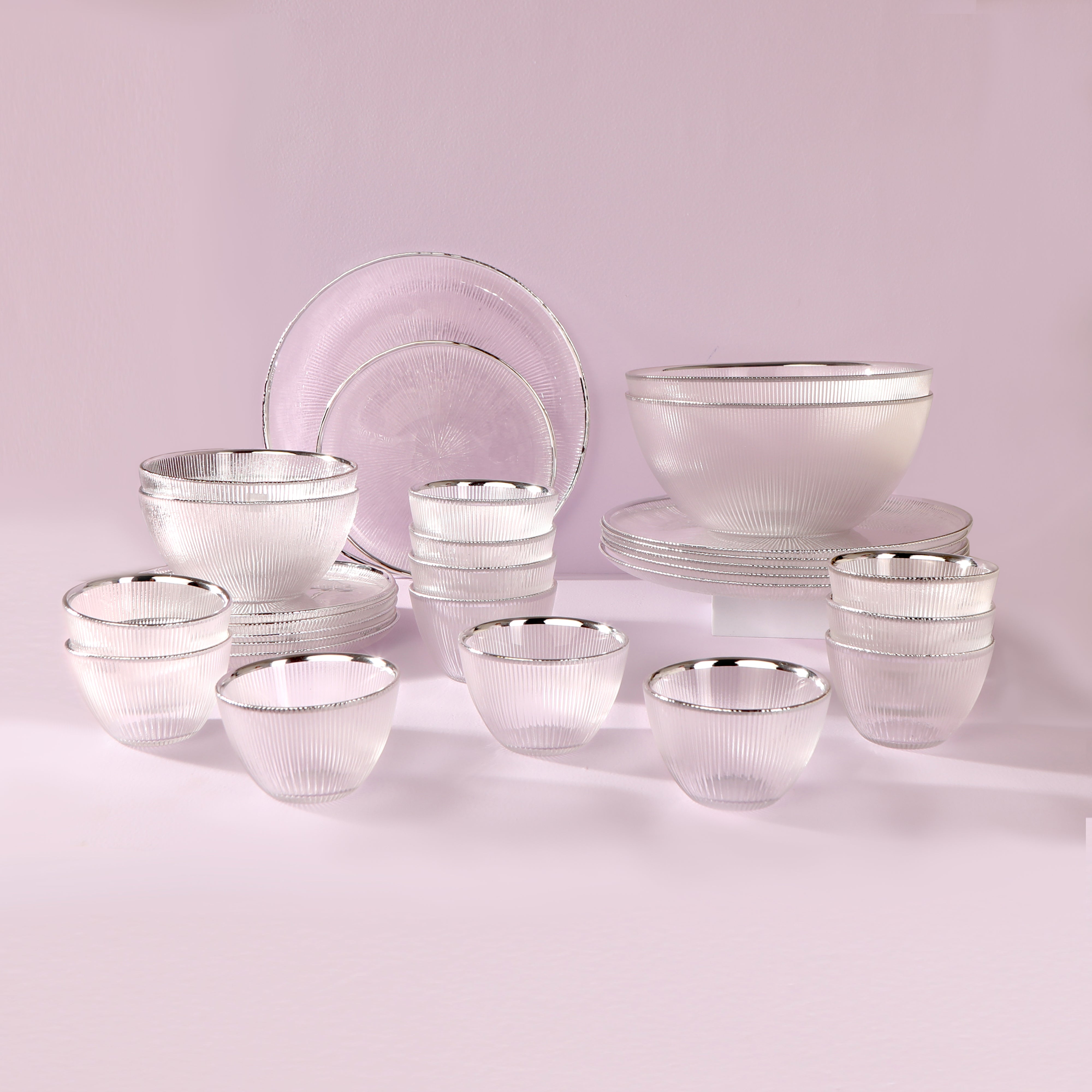 Dinner Set Of 28 Pcs - Glass With Silver Rim