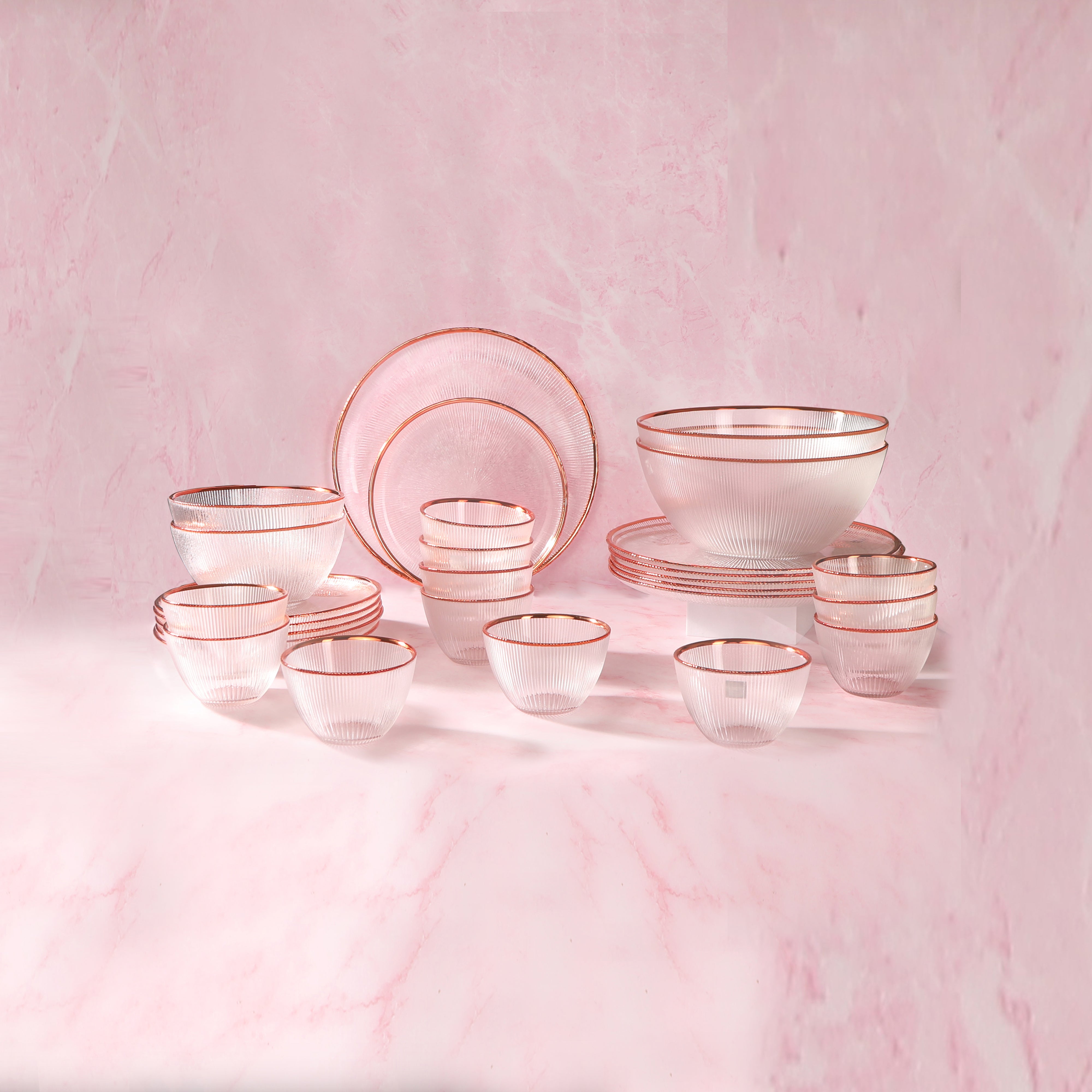 Dinner Set Of 28 Pcs - Glass With Rose Gold Rim