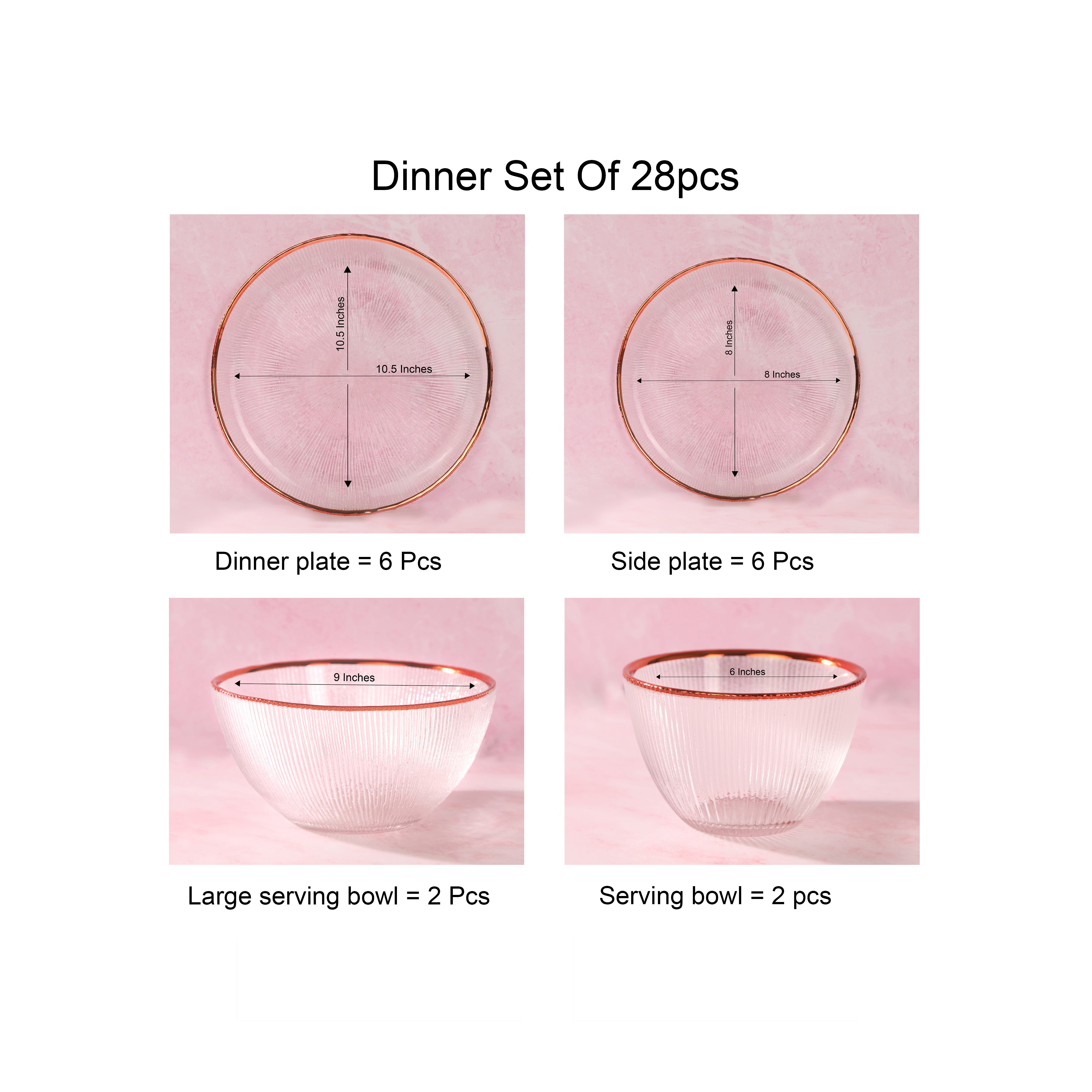 Dinner Set Of 28 Pcs - Glass With Rose Gold Rim