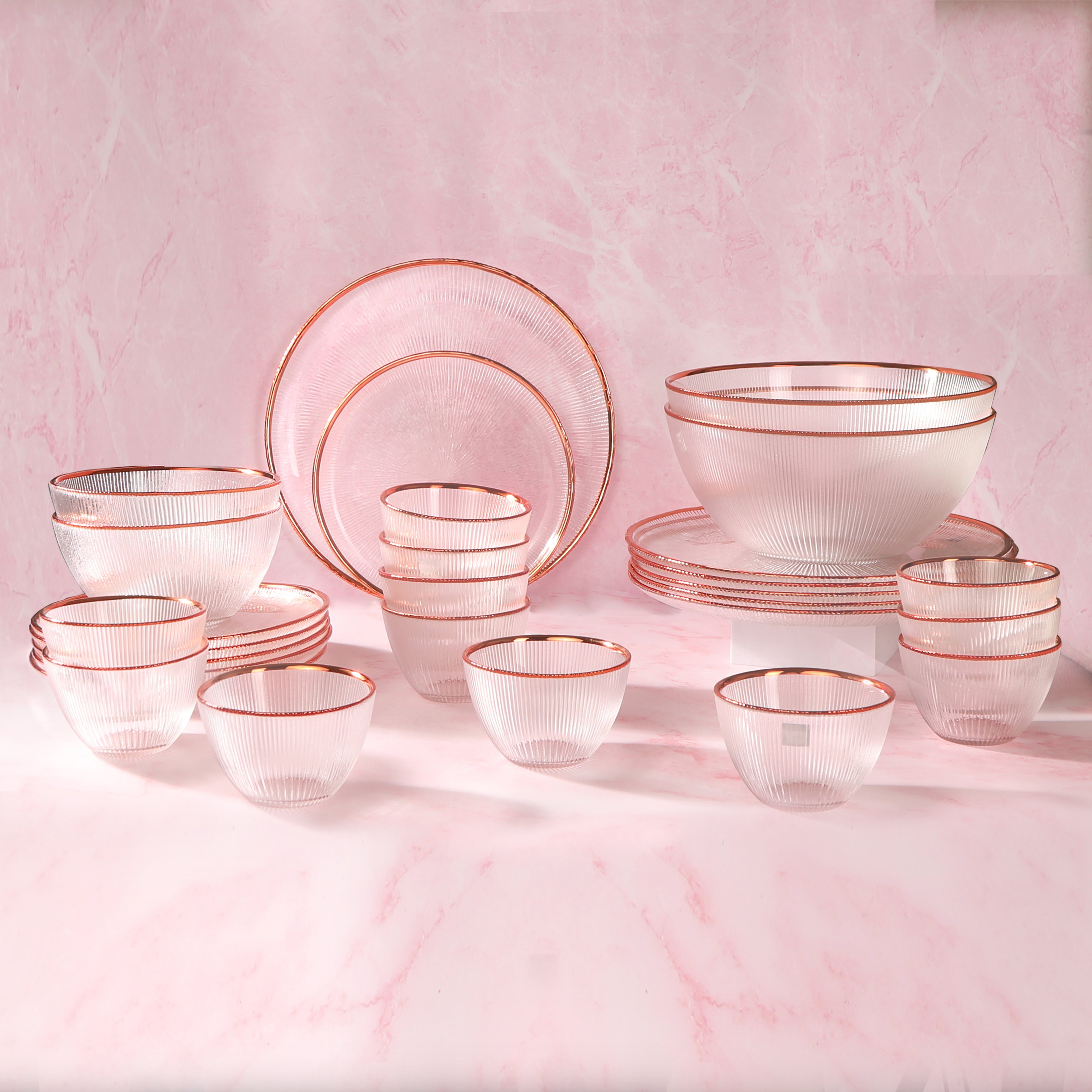 THE HOME CO. Dinner Set Of 28 Pcs - Glass With Rose Gold Rim