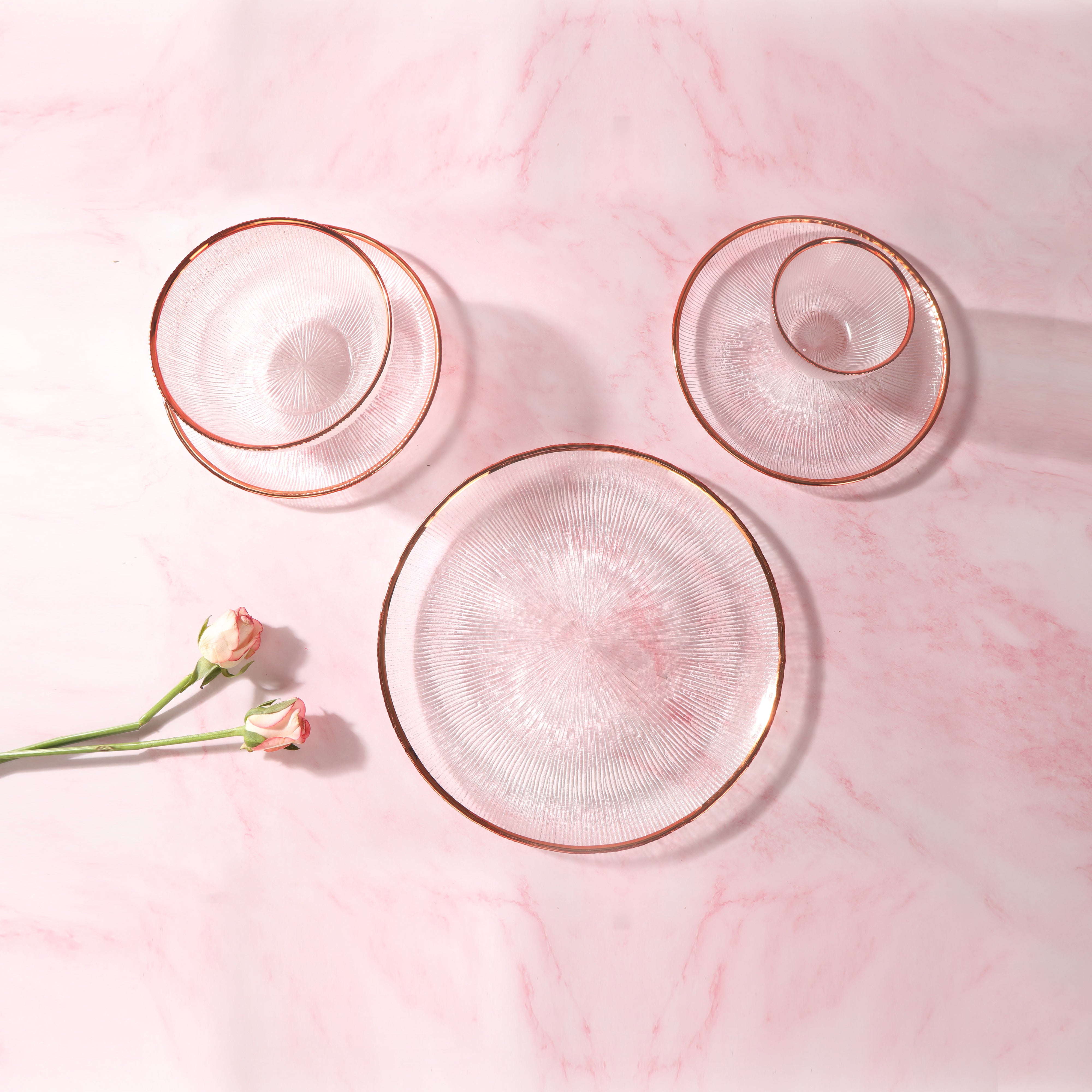 Dinner Set Of 28 Pcs - Glass With Rose Gold Rim