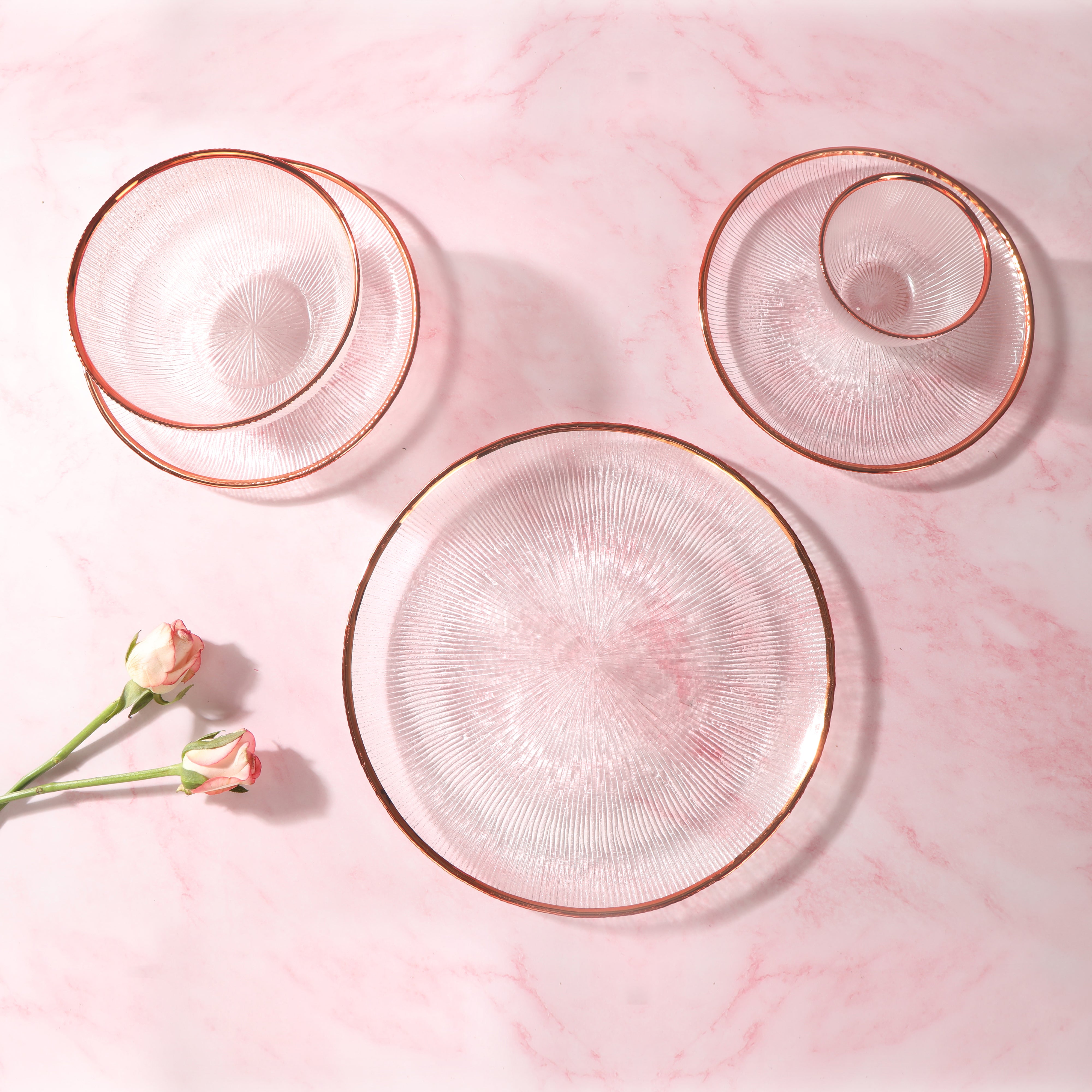 Dinner Set Of 28 Pcs - Glass With Rose Gold Rim