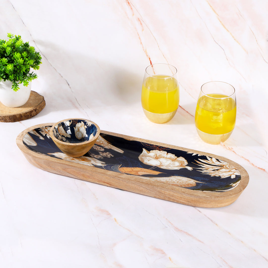 Wooden Oval Shape With Blue Bird Print & Enameled Platter