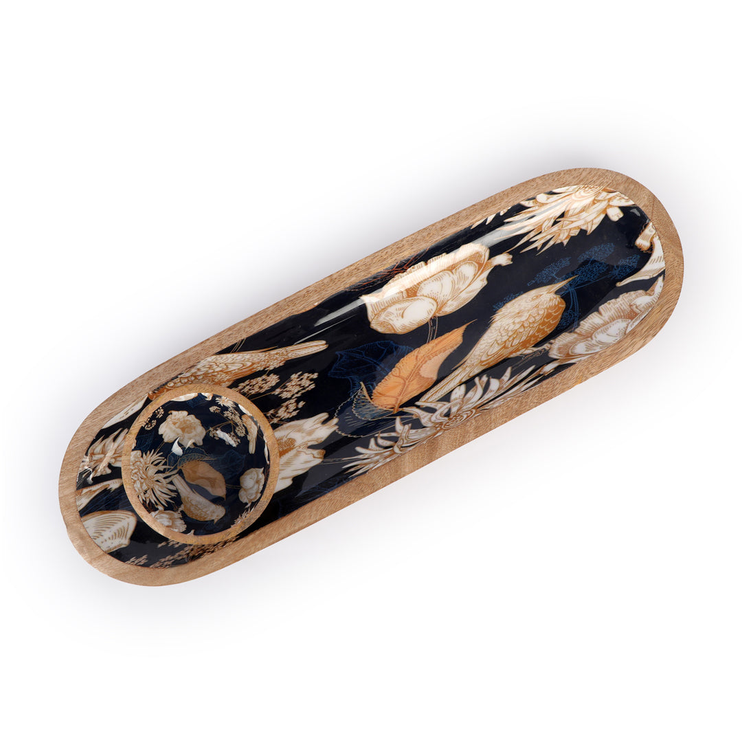 Wooden Oval Shape With Blue Bird Print & Enameled Platter