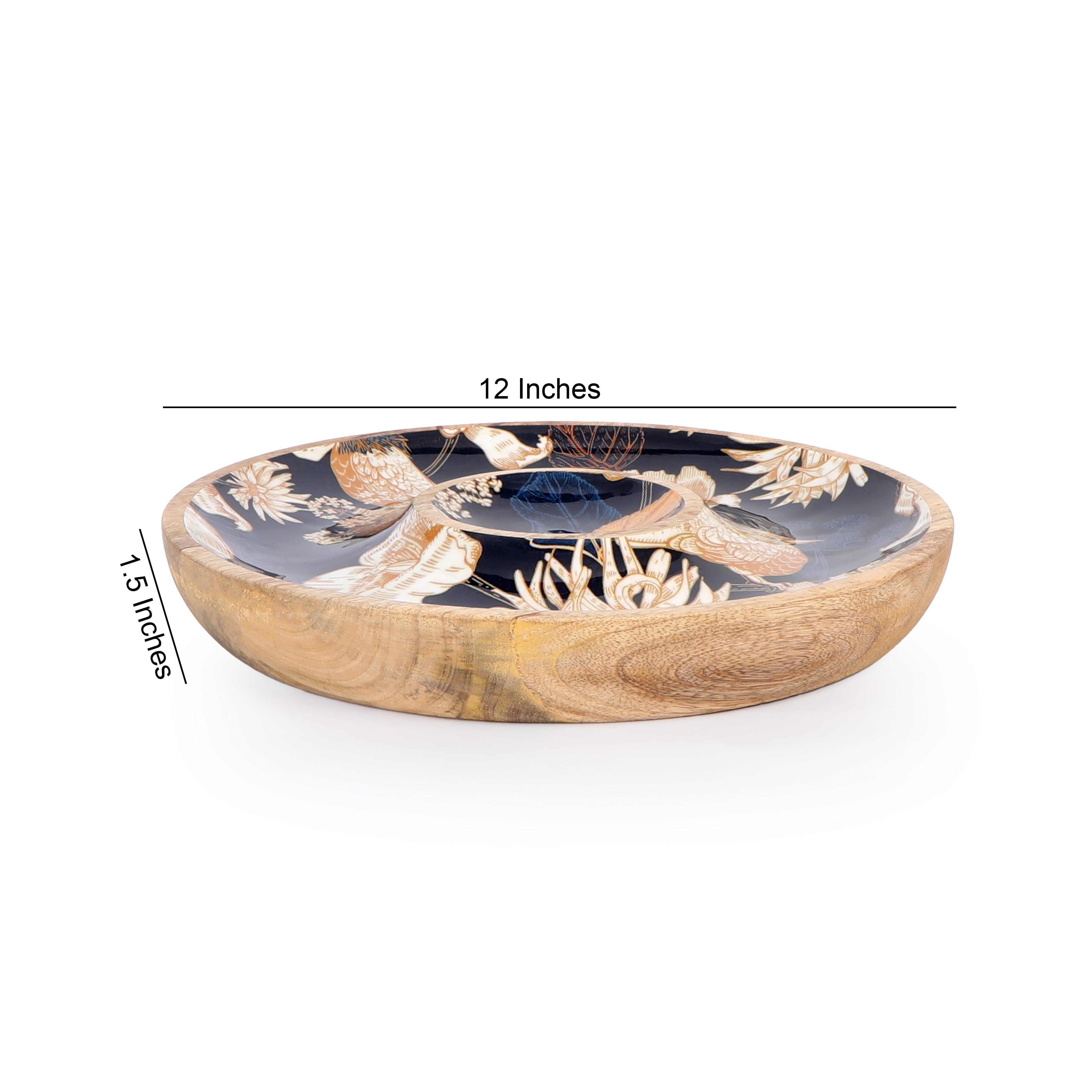 Wooden Round Shape With Blue Bird Print & Enameled Platter