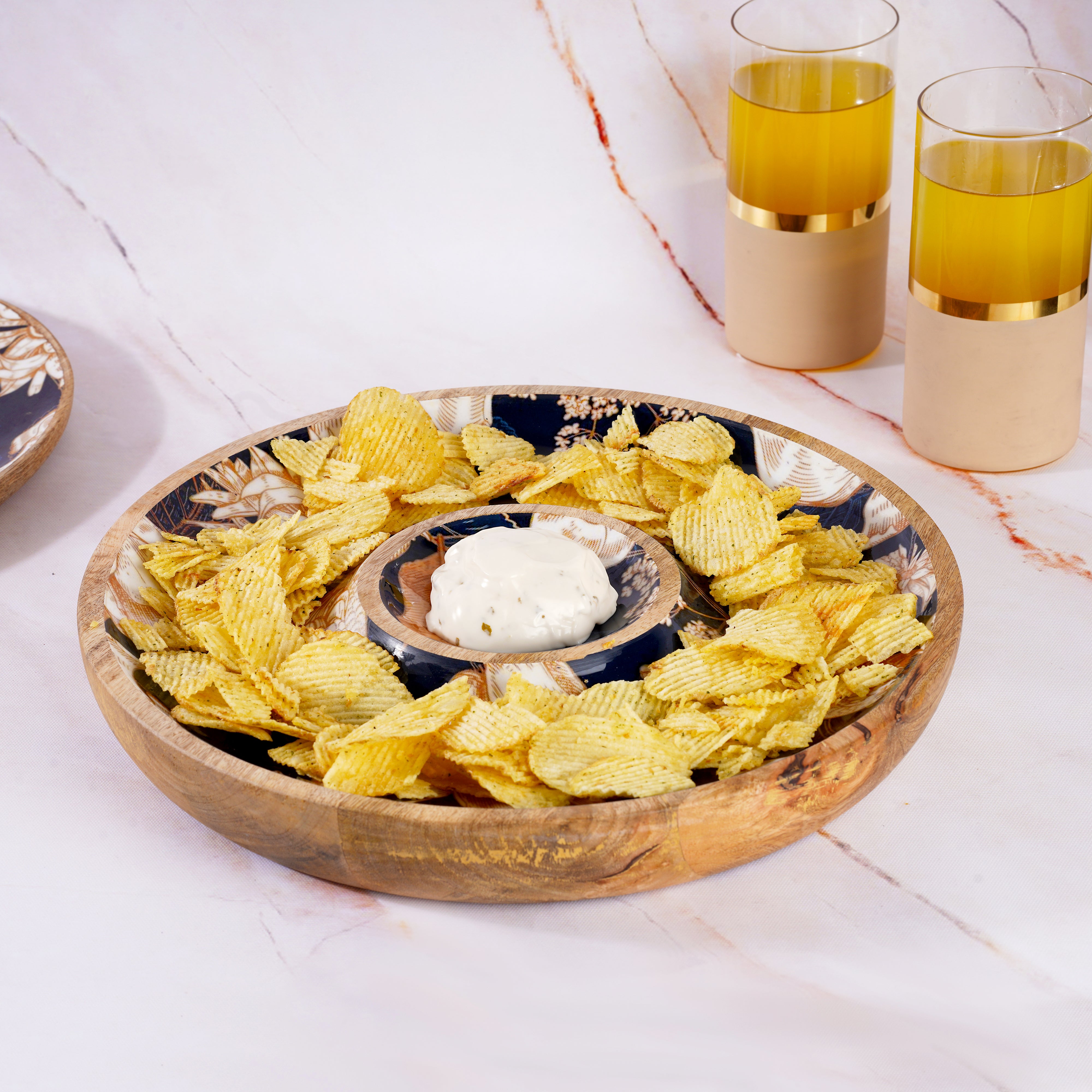 Wooden Round Shape With Blue Bird Print & Enameled Platter