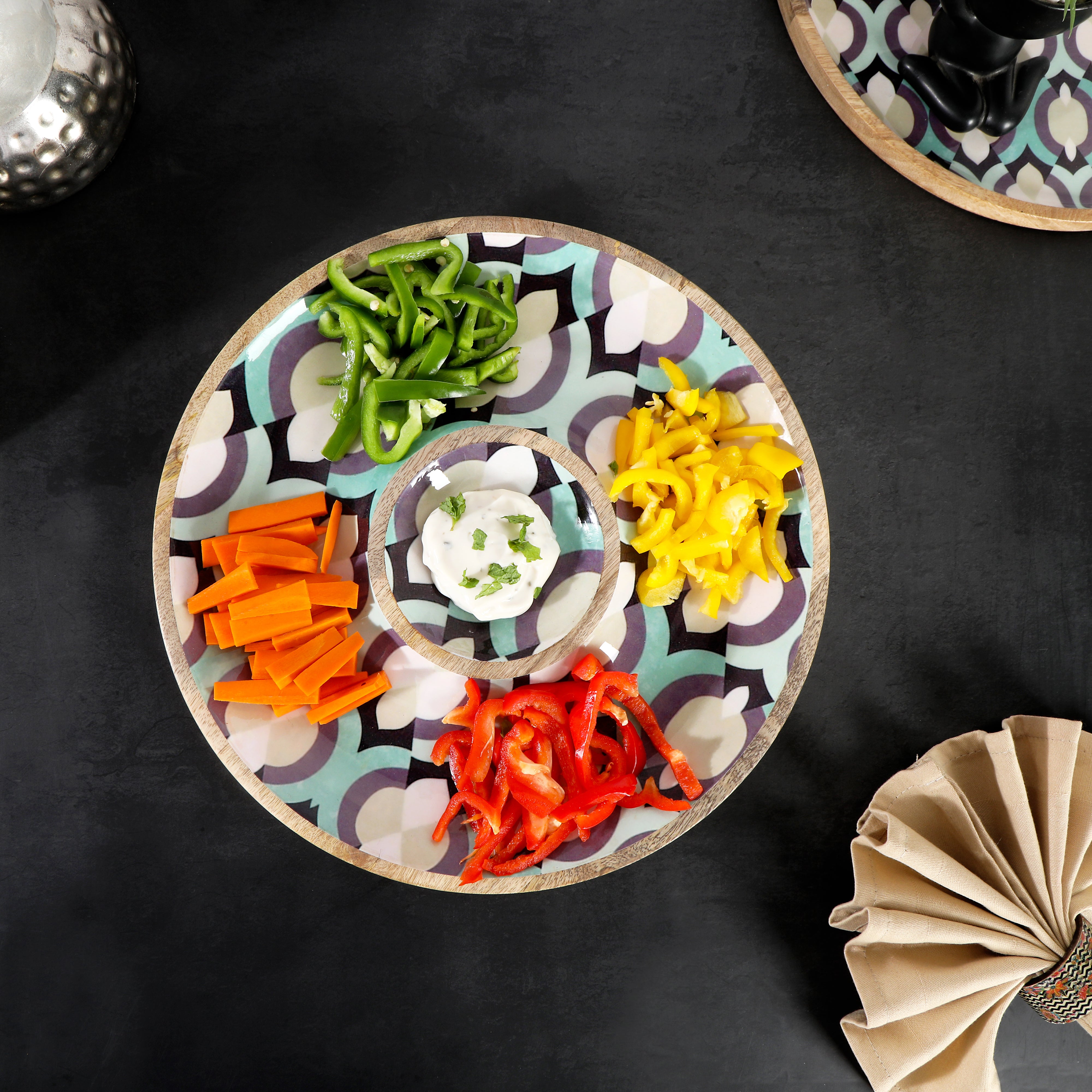 Wooden Round Shape With Mosaic Print & Enameled Platter