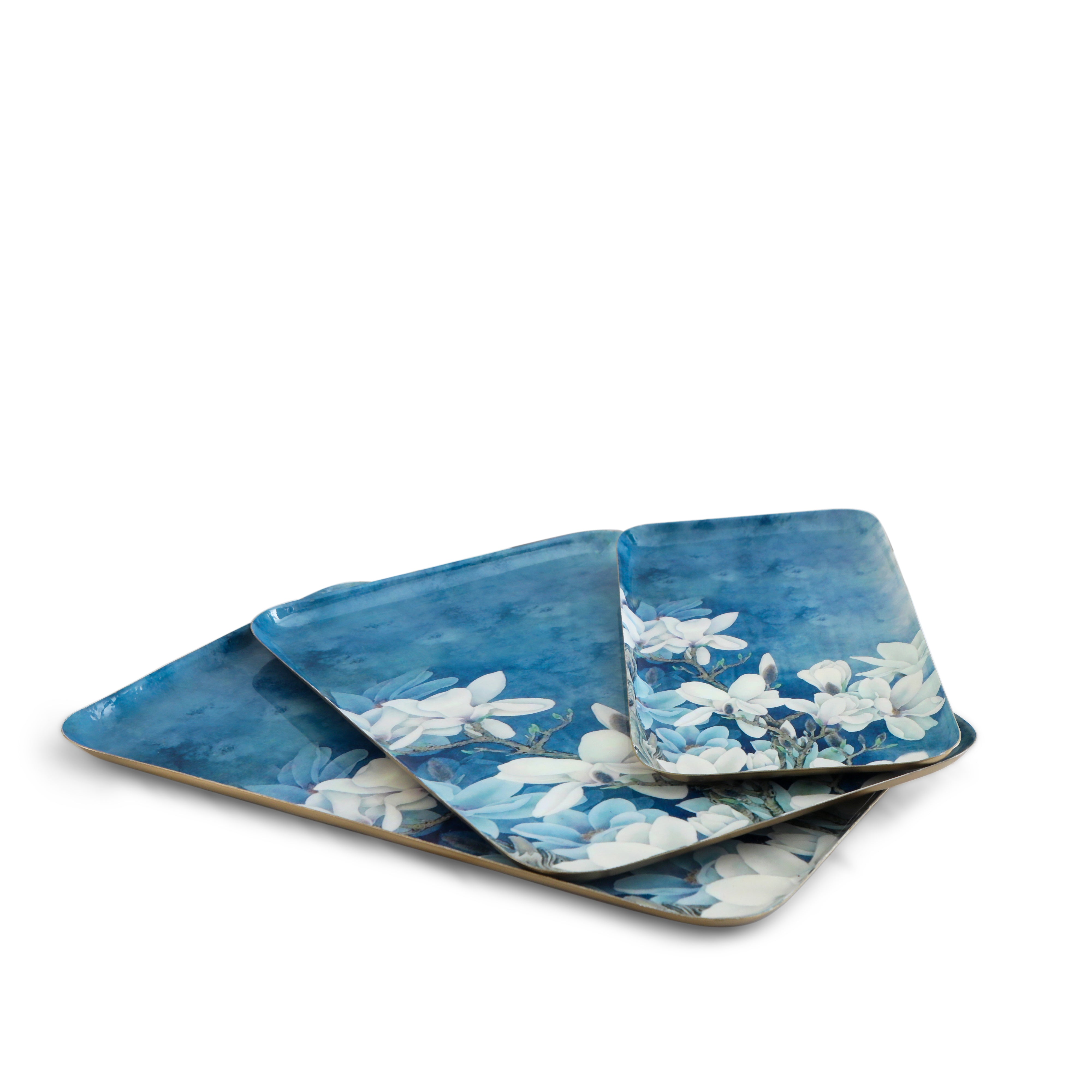 Rectangle Platter - Blue  Flower - Set Of 3