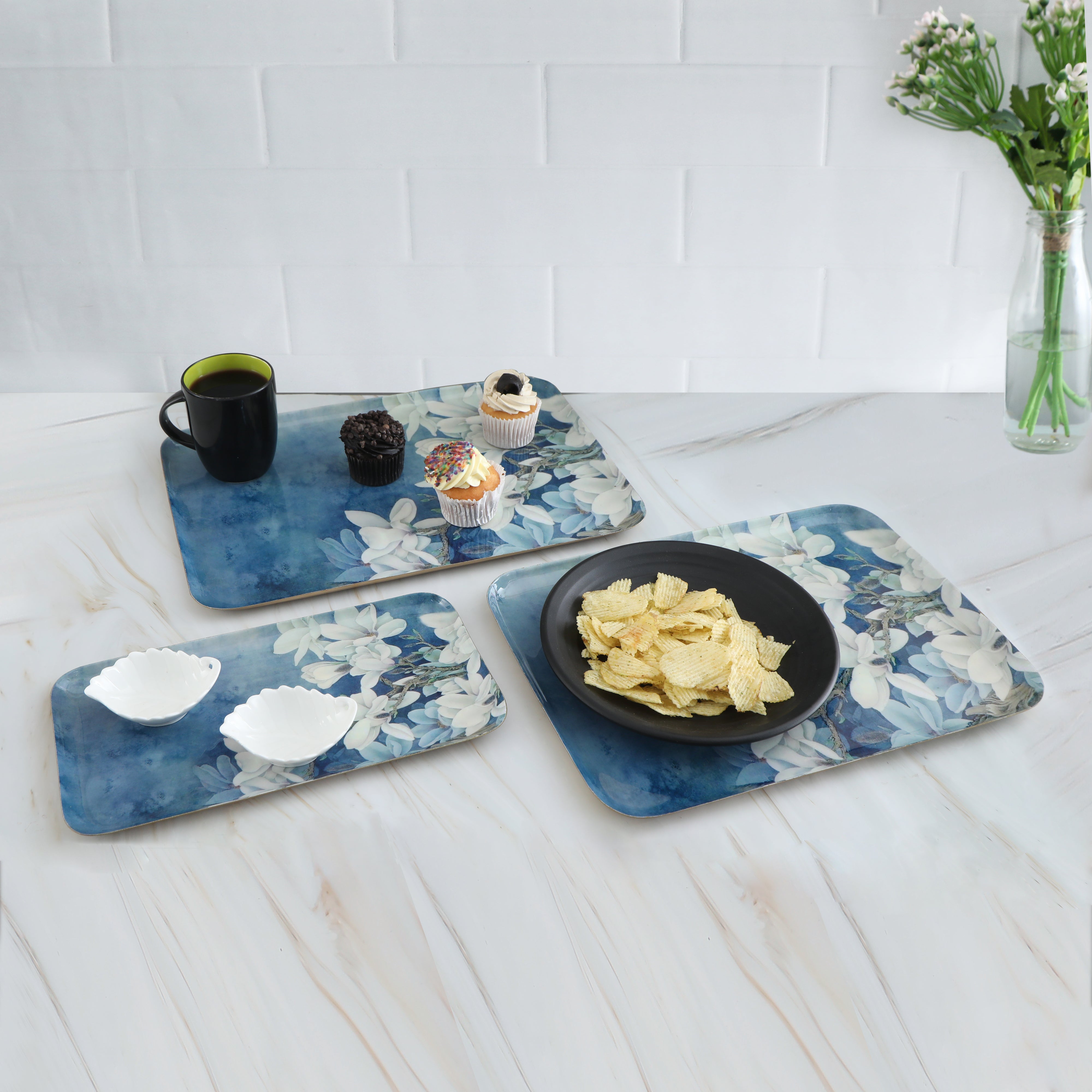 Rectangle Platter - Blue  Flower - Set Of 3