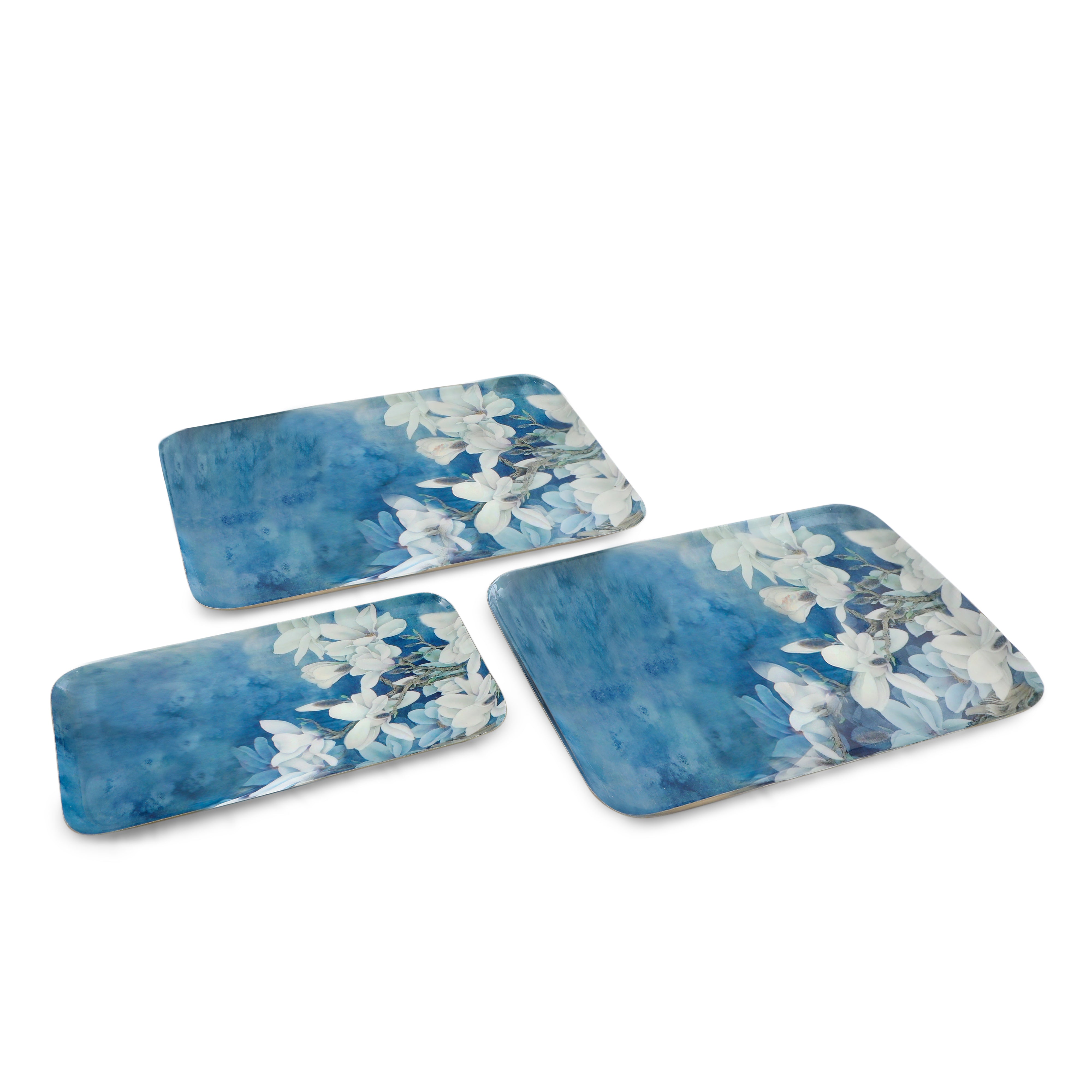 Rectangle Platter - Blue  Flower - Set Of 3