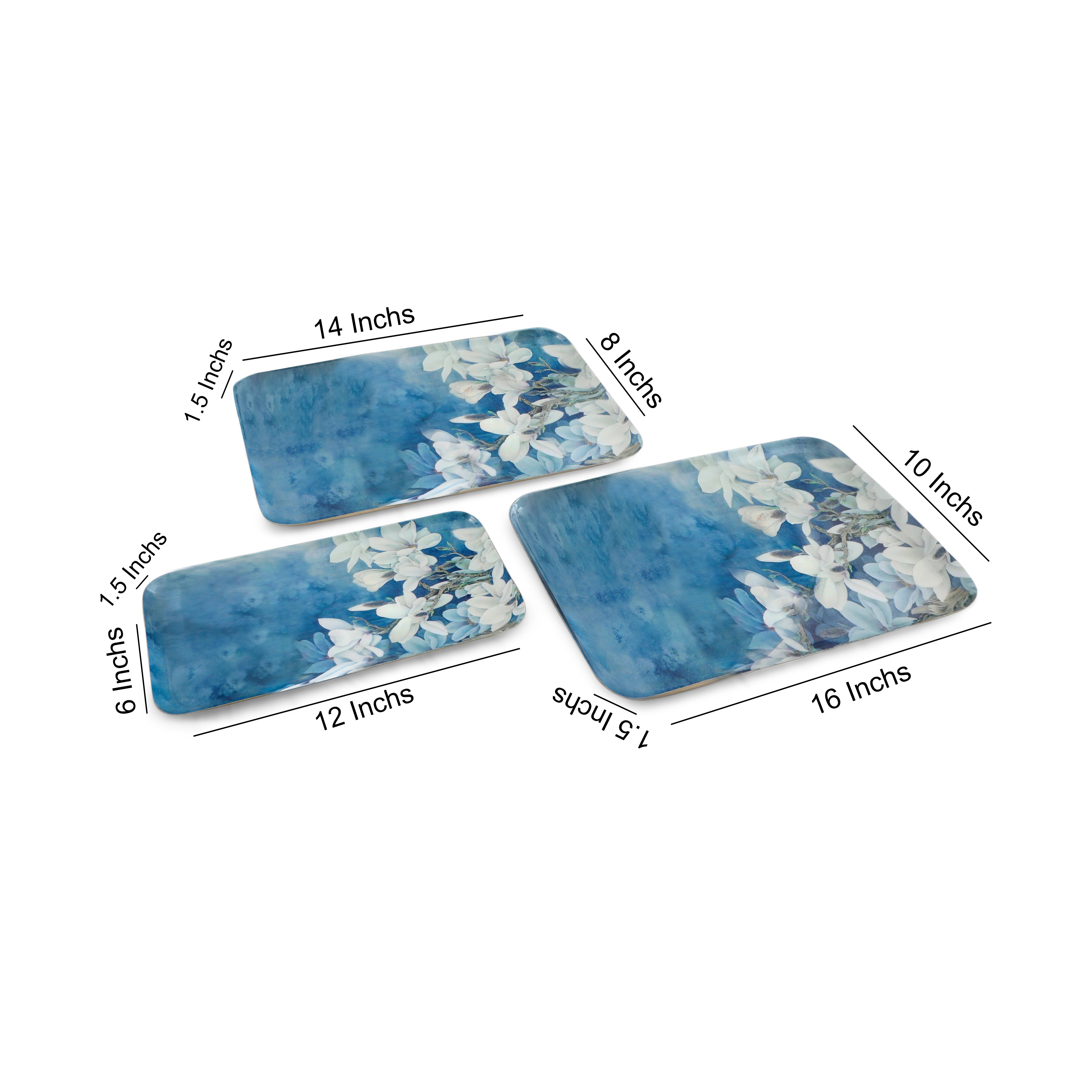 Rectangle Platter - Blue  Flower - Set Of 3