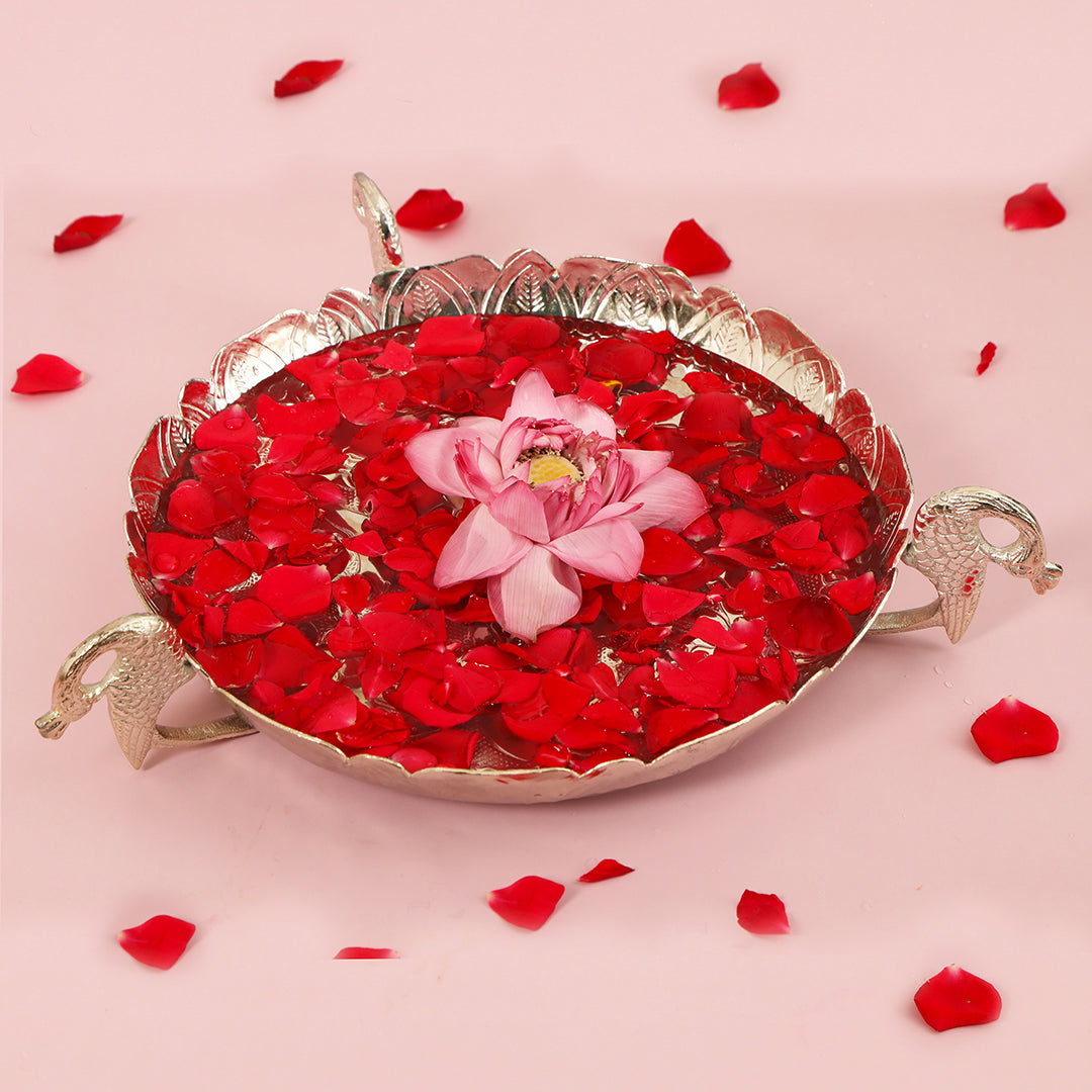 Silver Plated Aluminium Thal Platter With Peacock Legs - Large