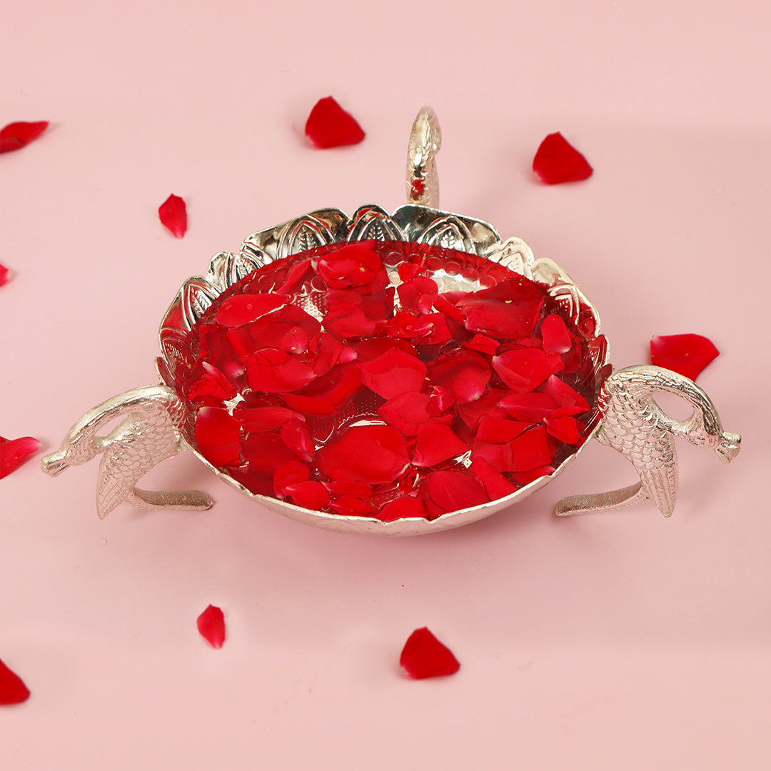 Silver Plated Aluminium Thal Platter With Peacock Legs - Small