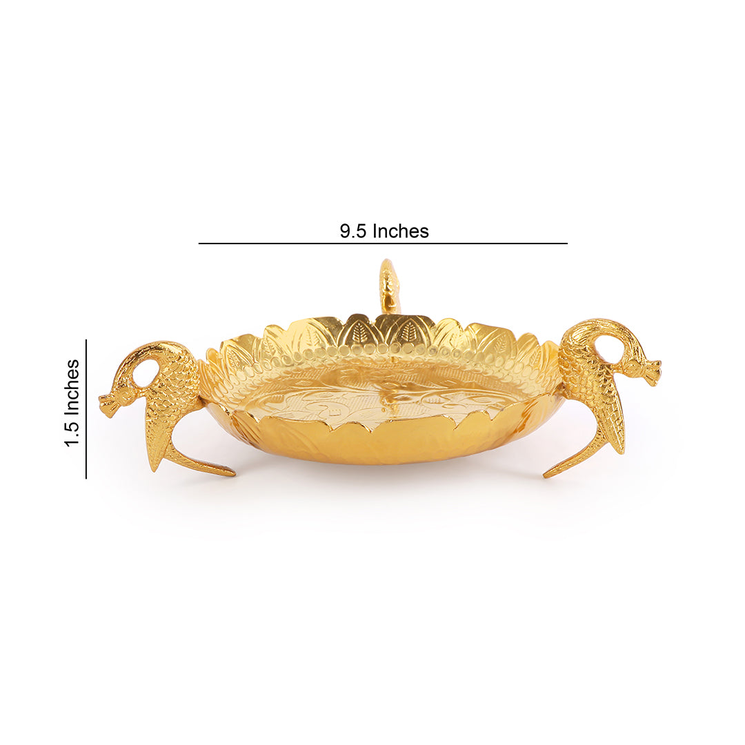 Gold Plated Aluminium Thal Platter With Peacock Legs - Medium