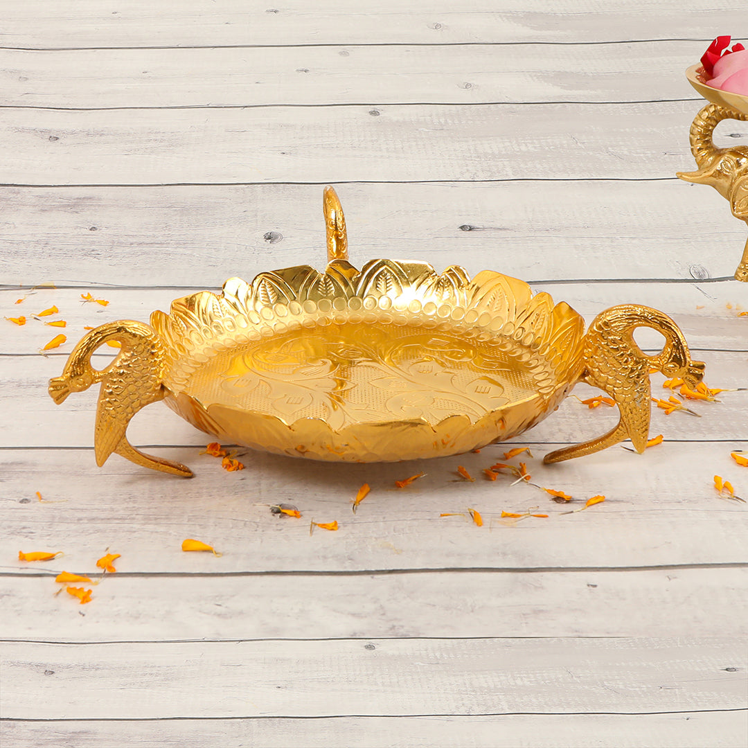 Gold Plated Aluminium Thal Platter With Peacock Legs - Medium