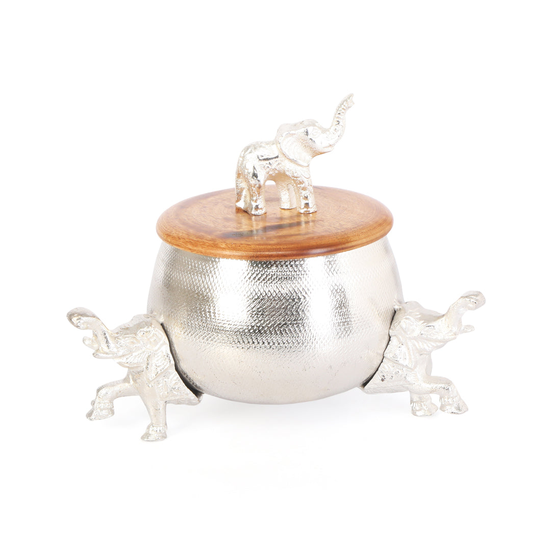 Silver Jar - Silver Elephant With Wooden Lid Single 3- The Home Co.