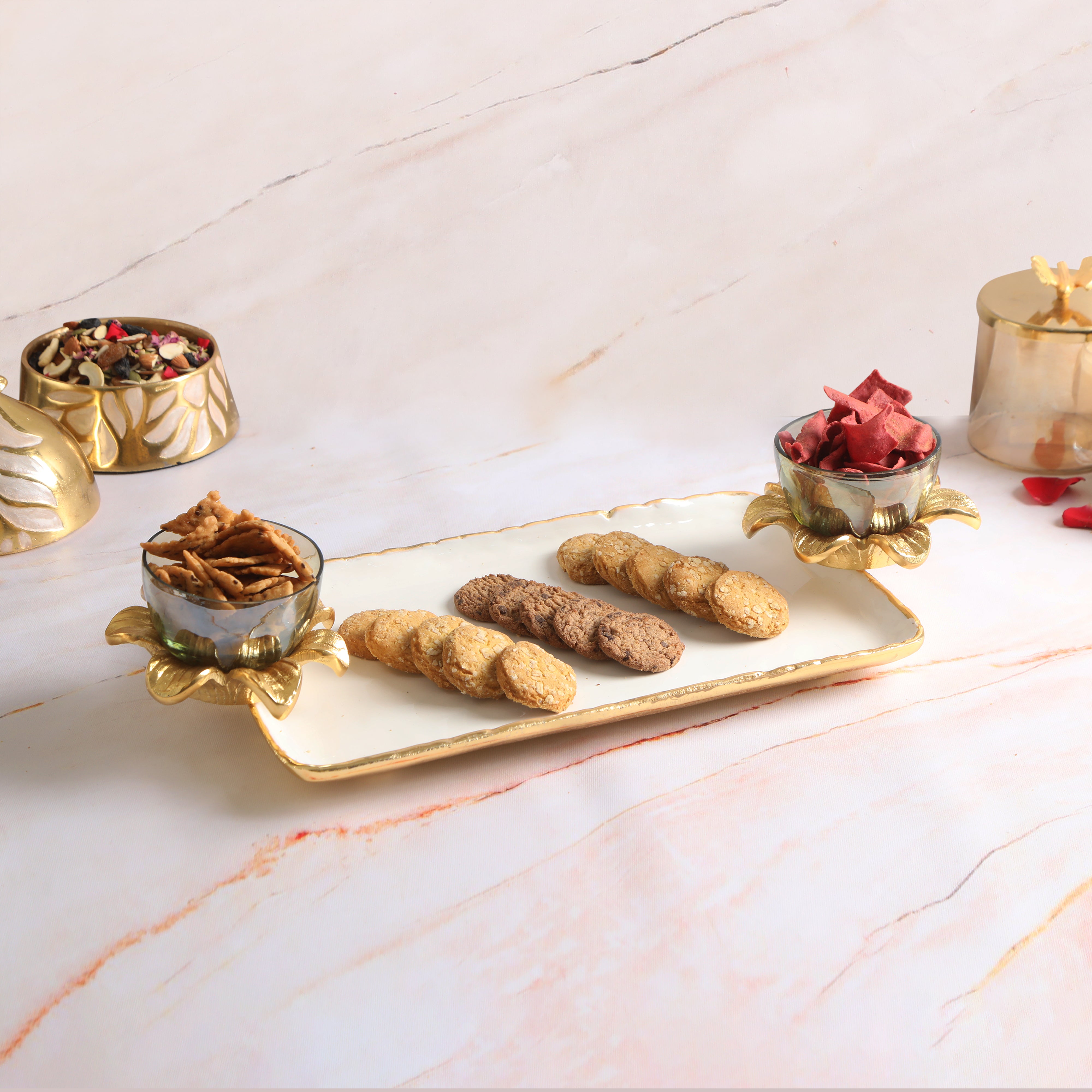 Aluminium White Flower Enameled Rectangle Platter