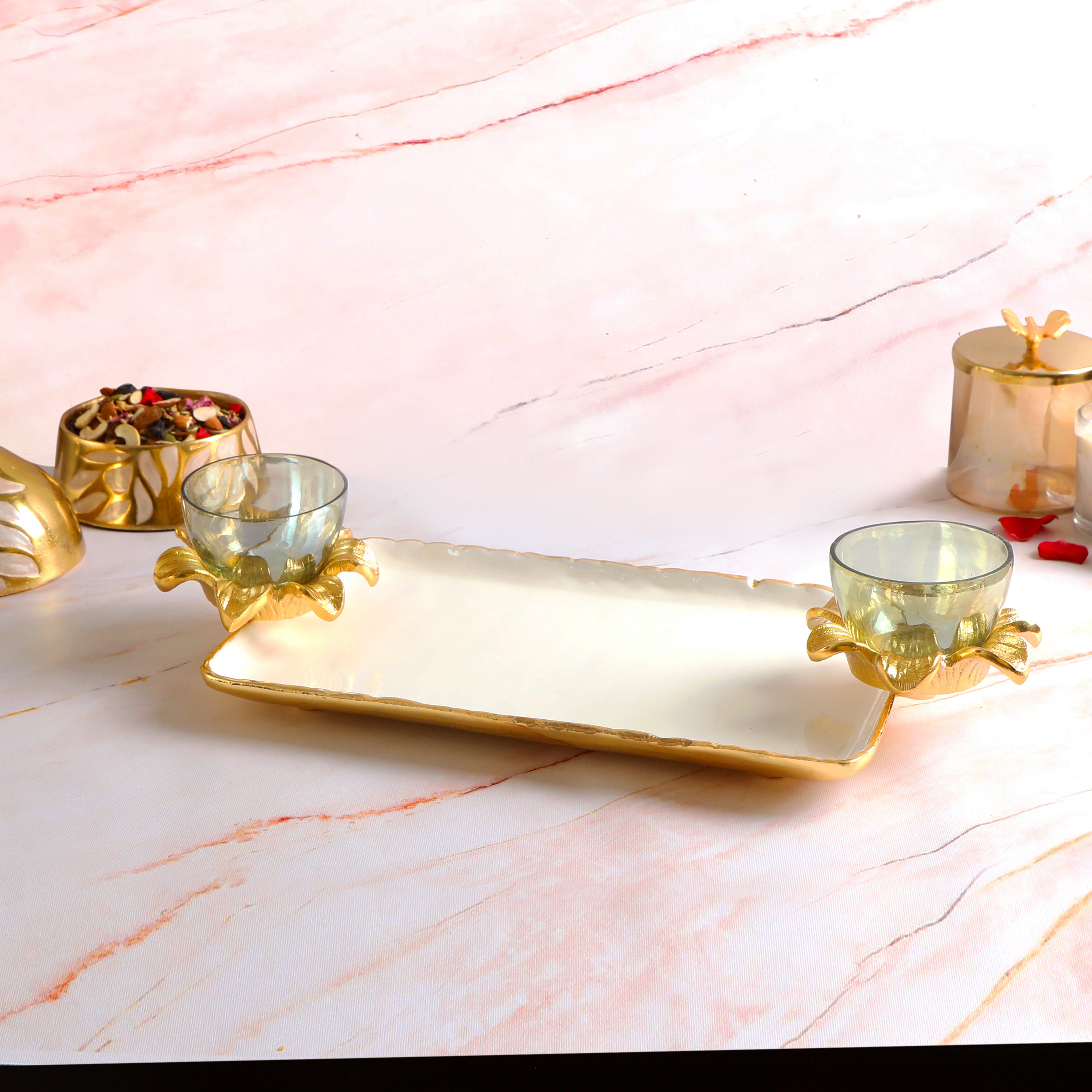 Aluminium White Flower Enameled Rectangle Platter