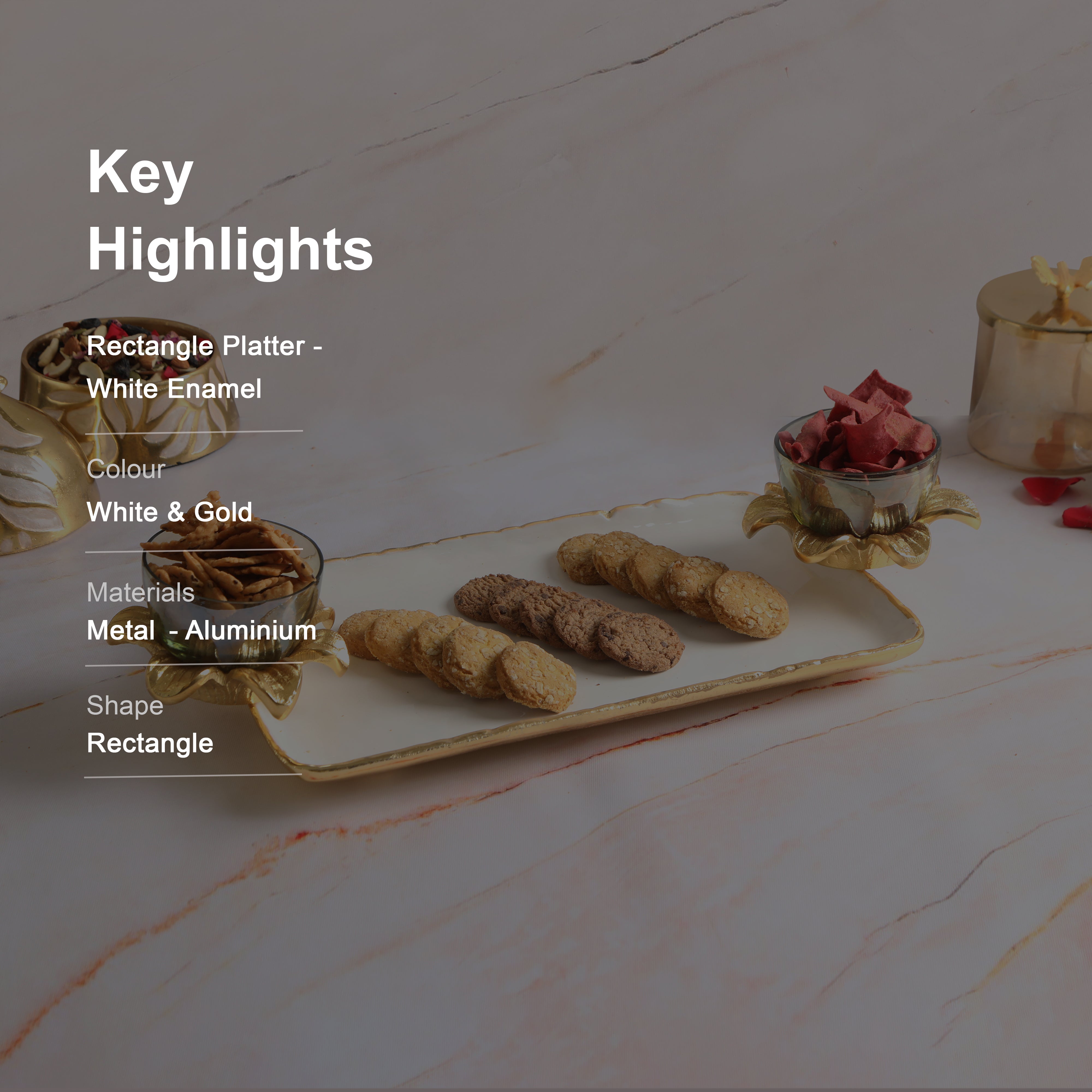 Aluminium White Flower Enameled Rectangle Platter