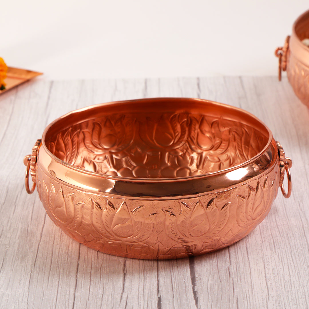 Brass Copper Plated Lotus Etched Urli - Small