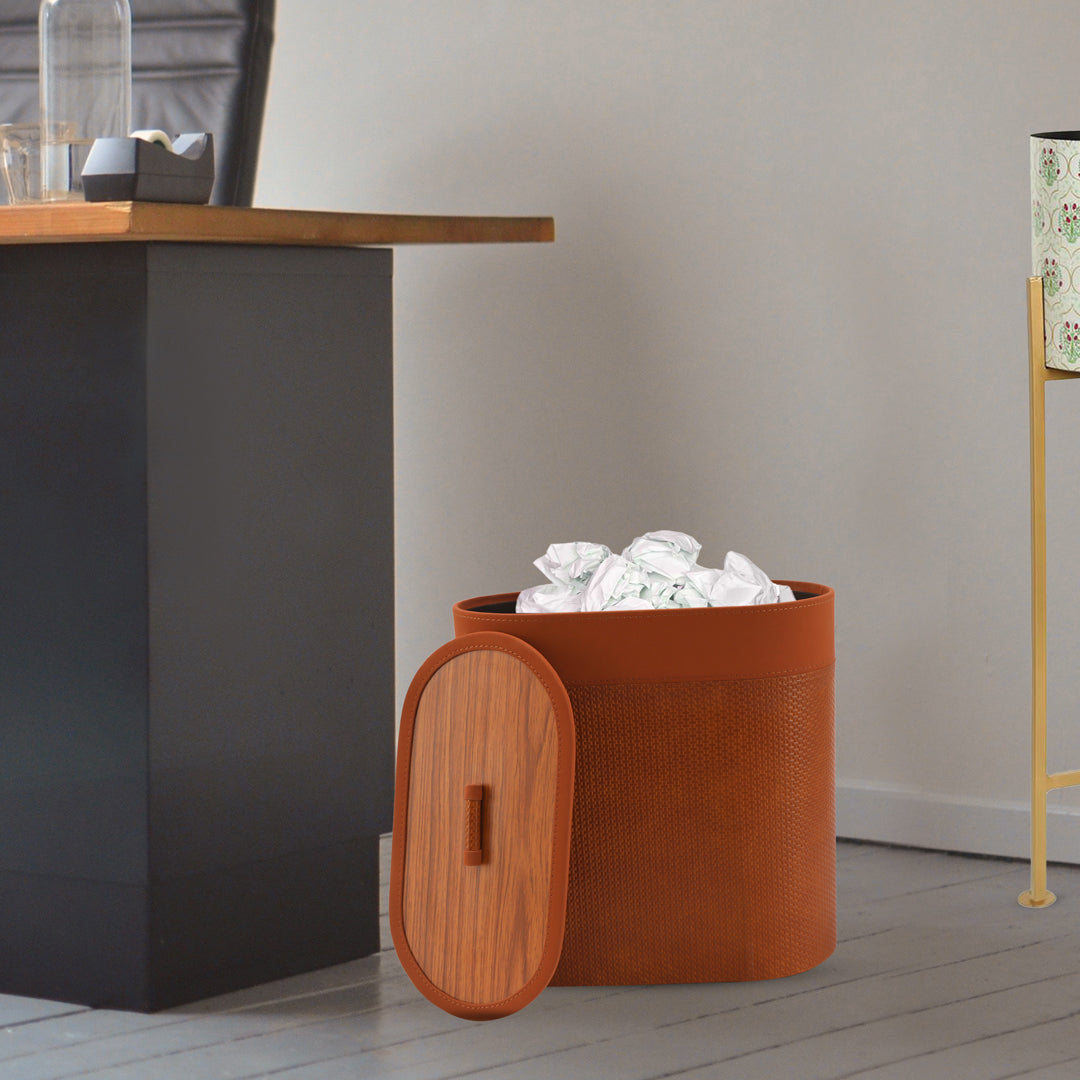 Tan Leatherette Dustbin With Lid