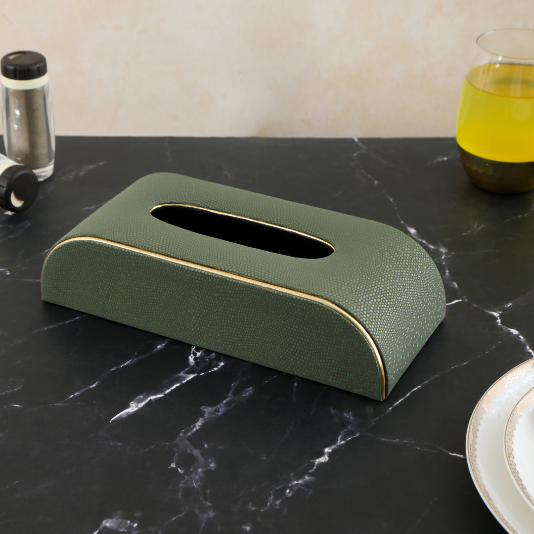 Curve Tissue Box - Green Leatherette 1- The Home Co.