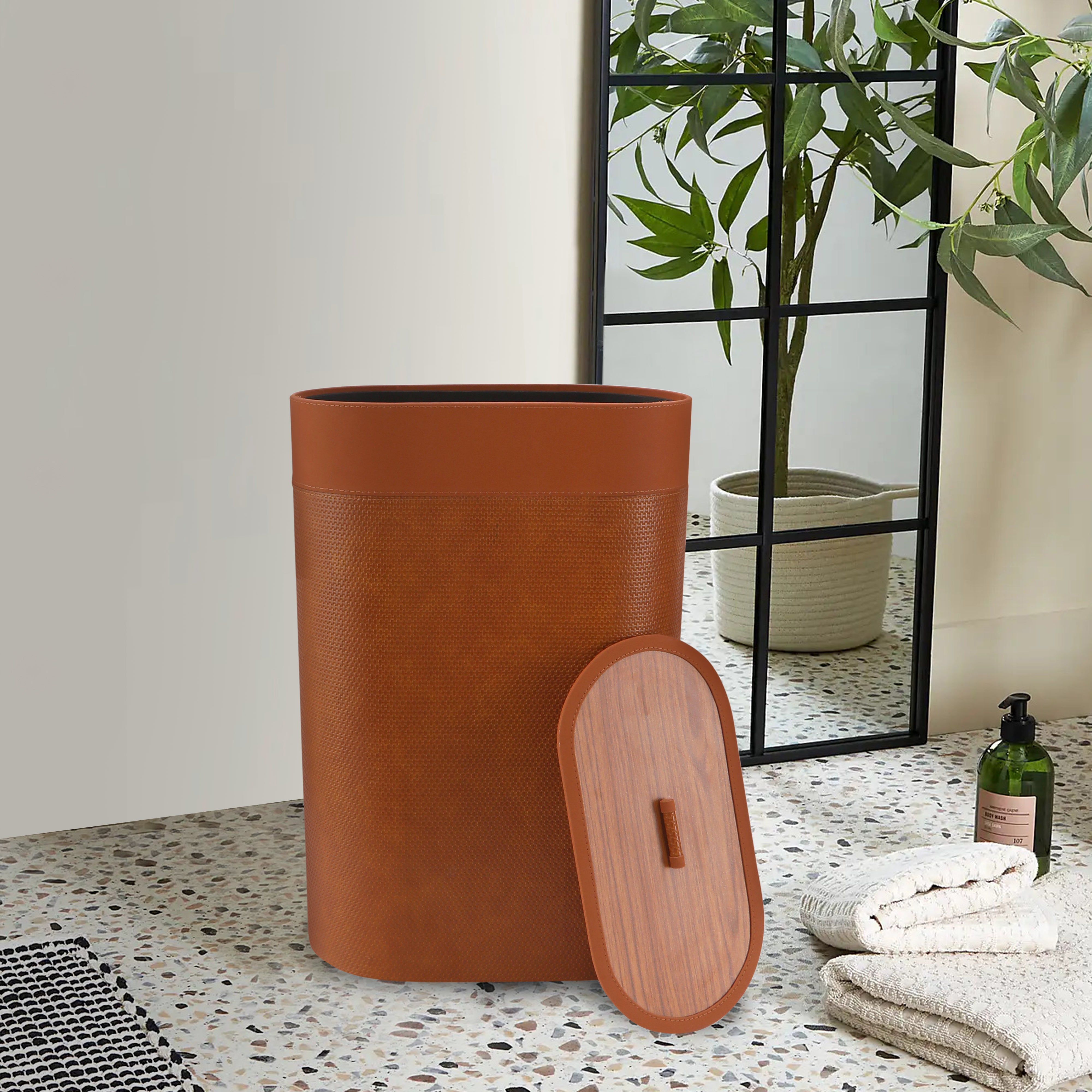 Tan Leatherette Laundry Bin With Lid