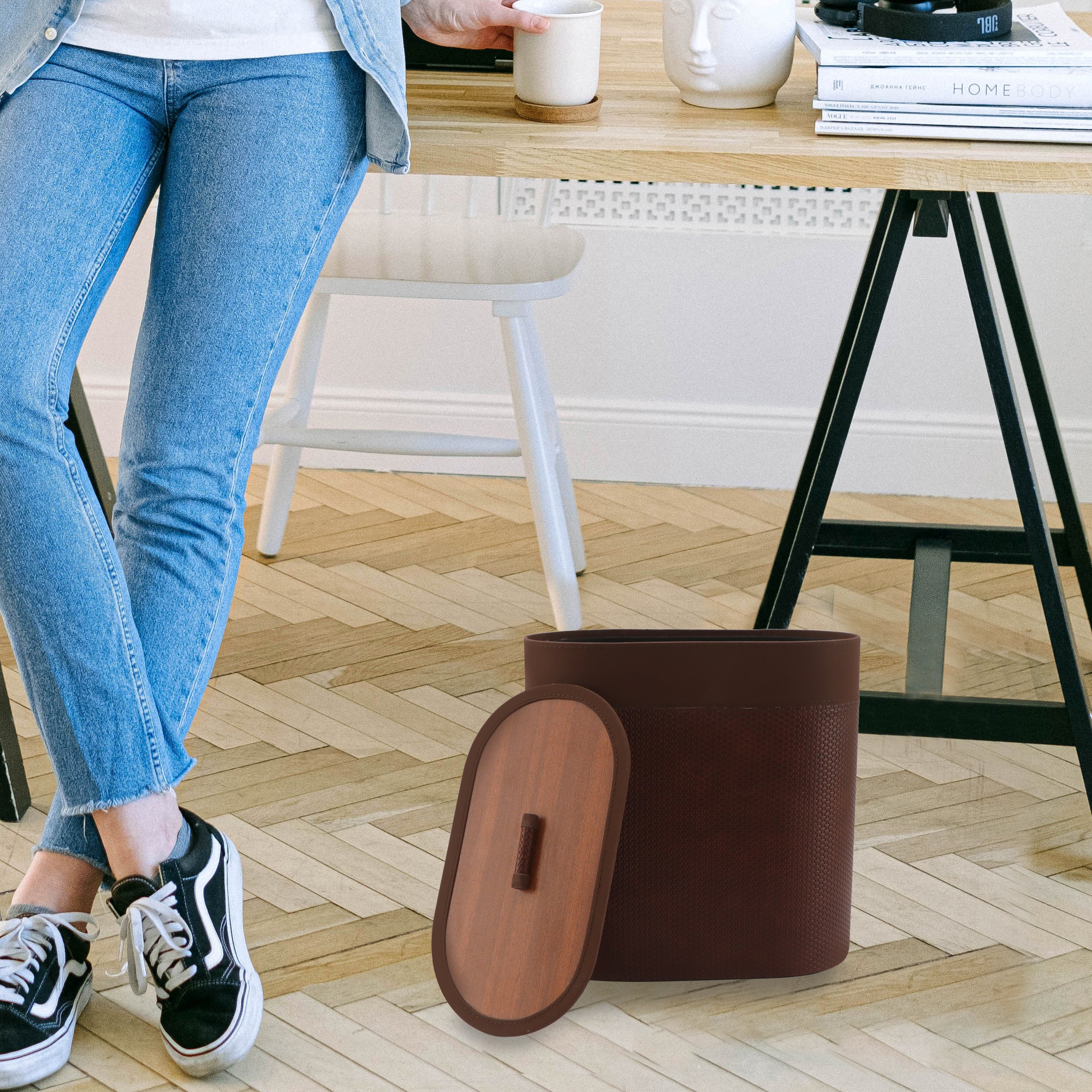 Brown Leatherette Dustbin With Lid