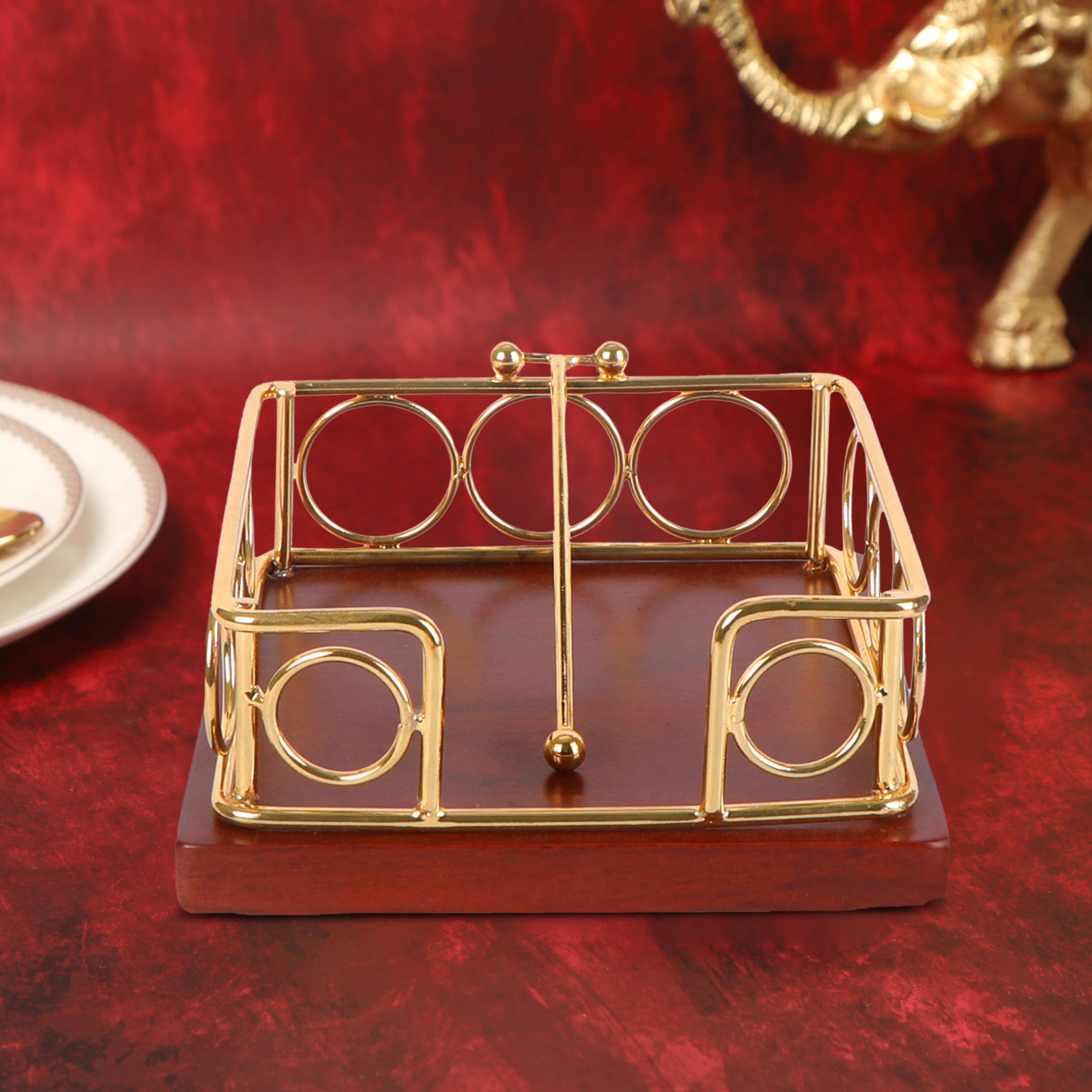 Square Tissue Holder - Ring Walnut Gold