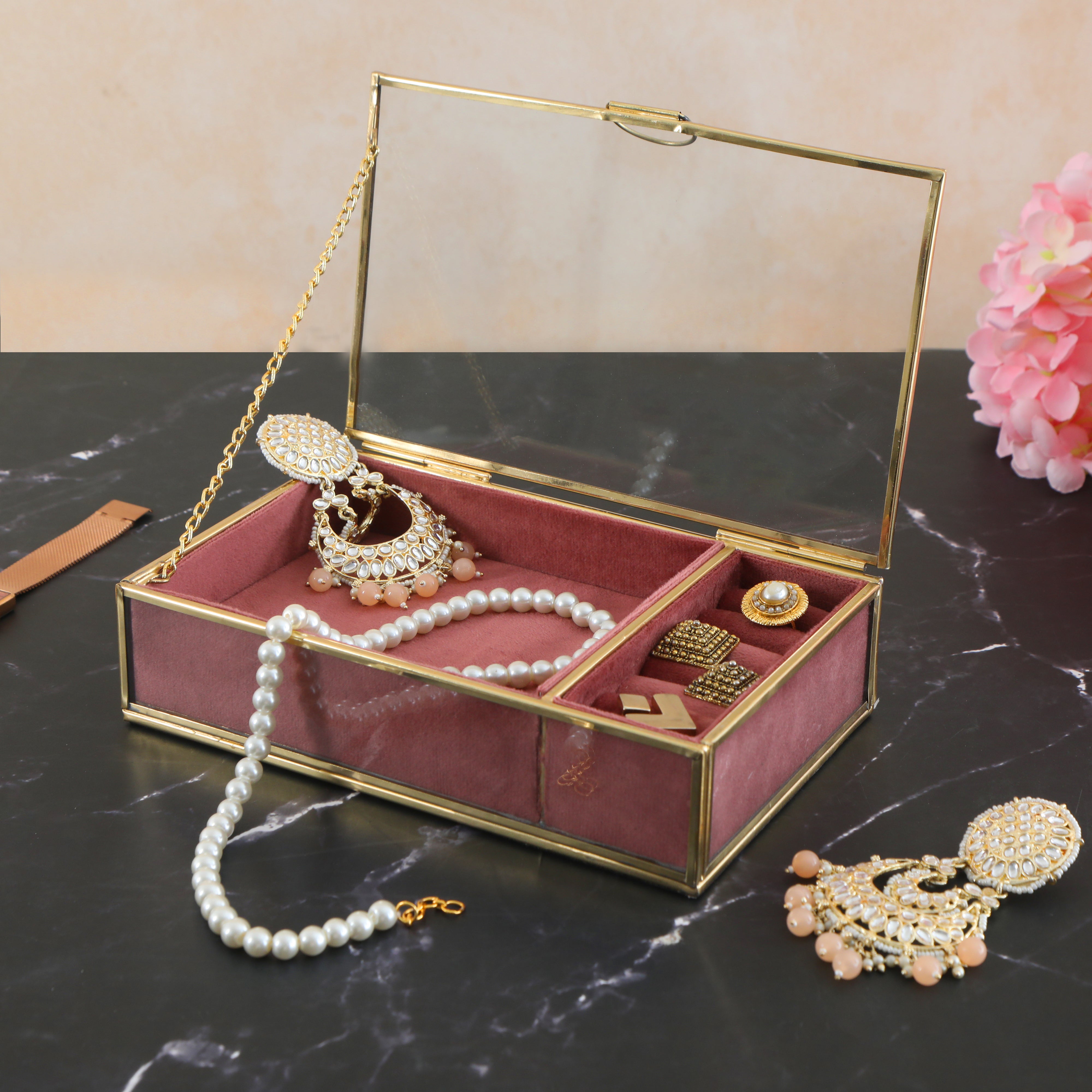 Glass & Metal Jewellery Box - Pink