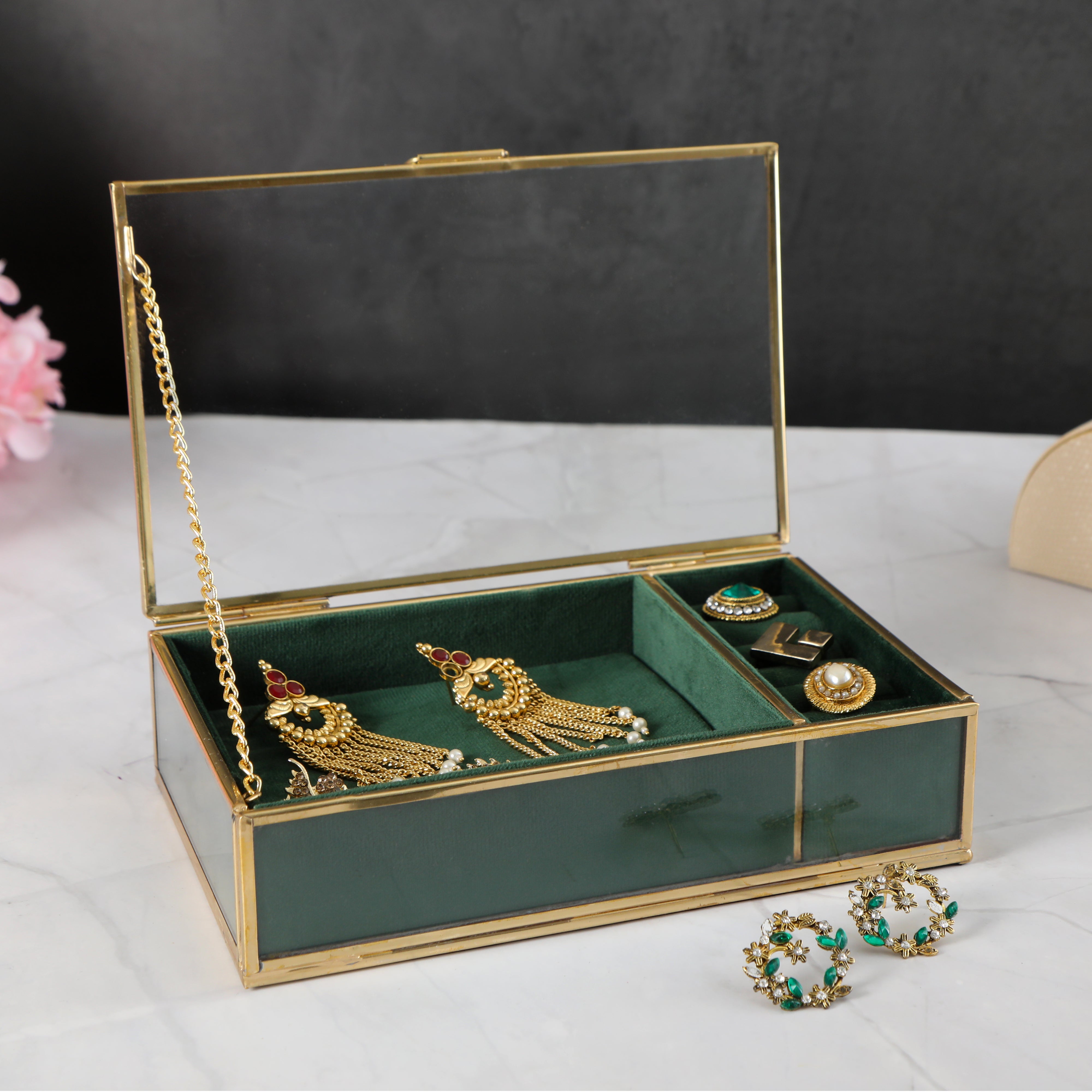 Glass & Metal Jewellery Box - Green