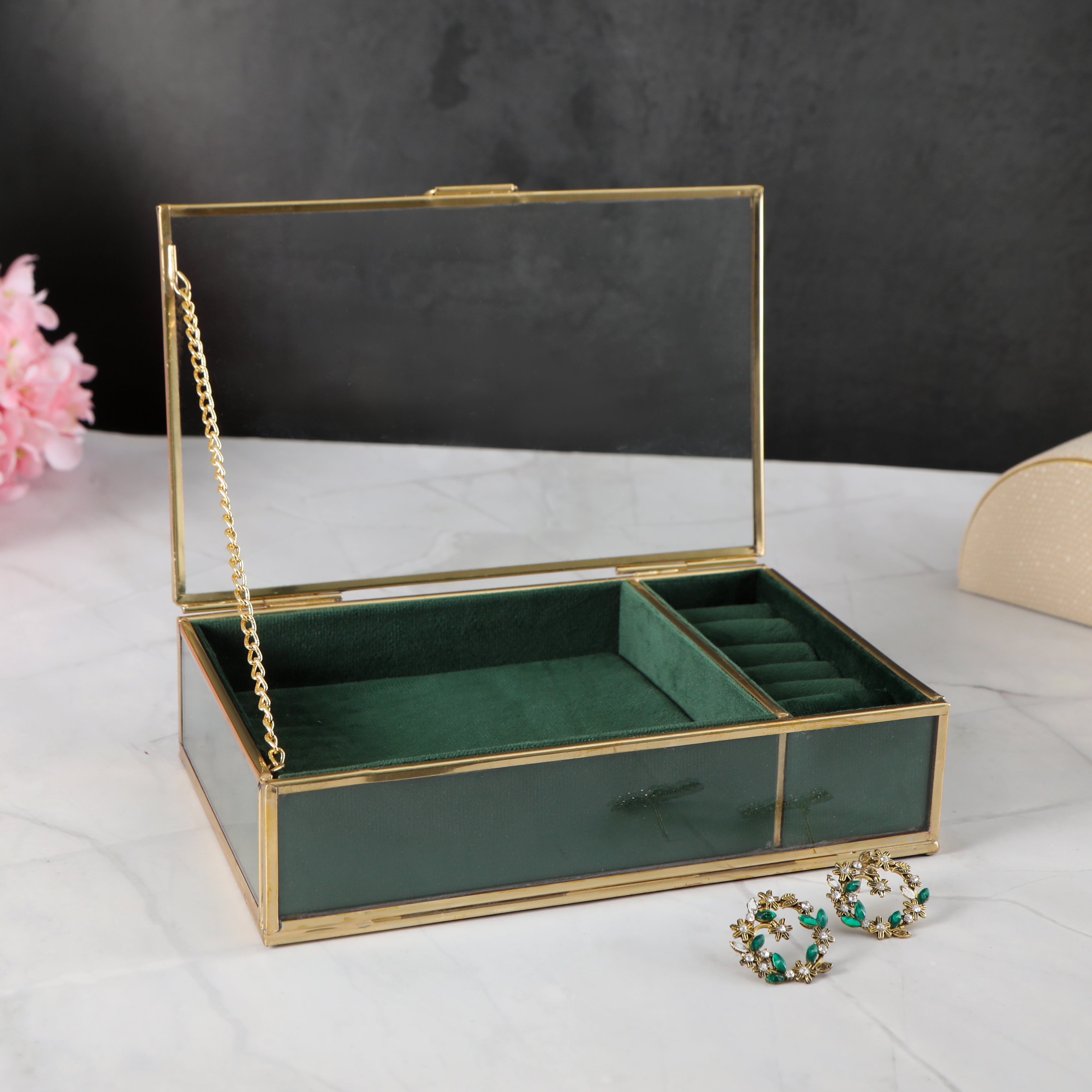 Glass & Metal Jewellery Box - Green