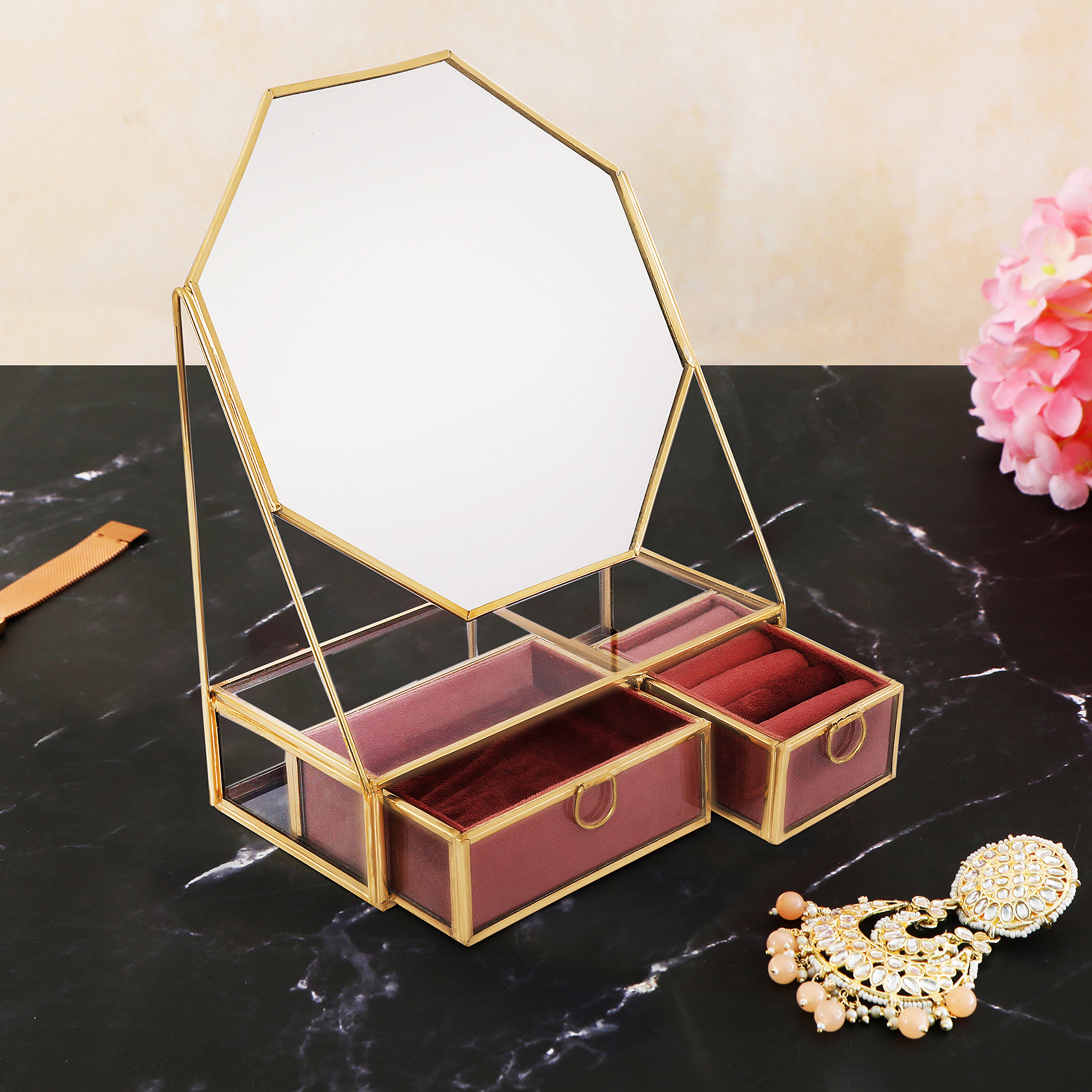 Glass & Metal Jewellery Box With Mirror - Pink