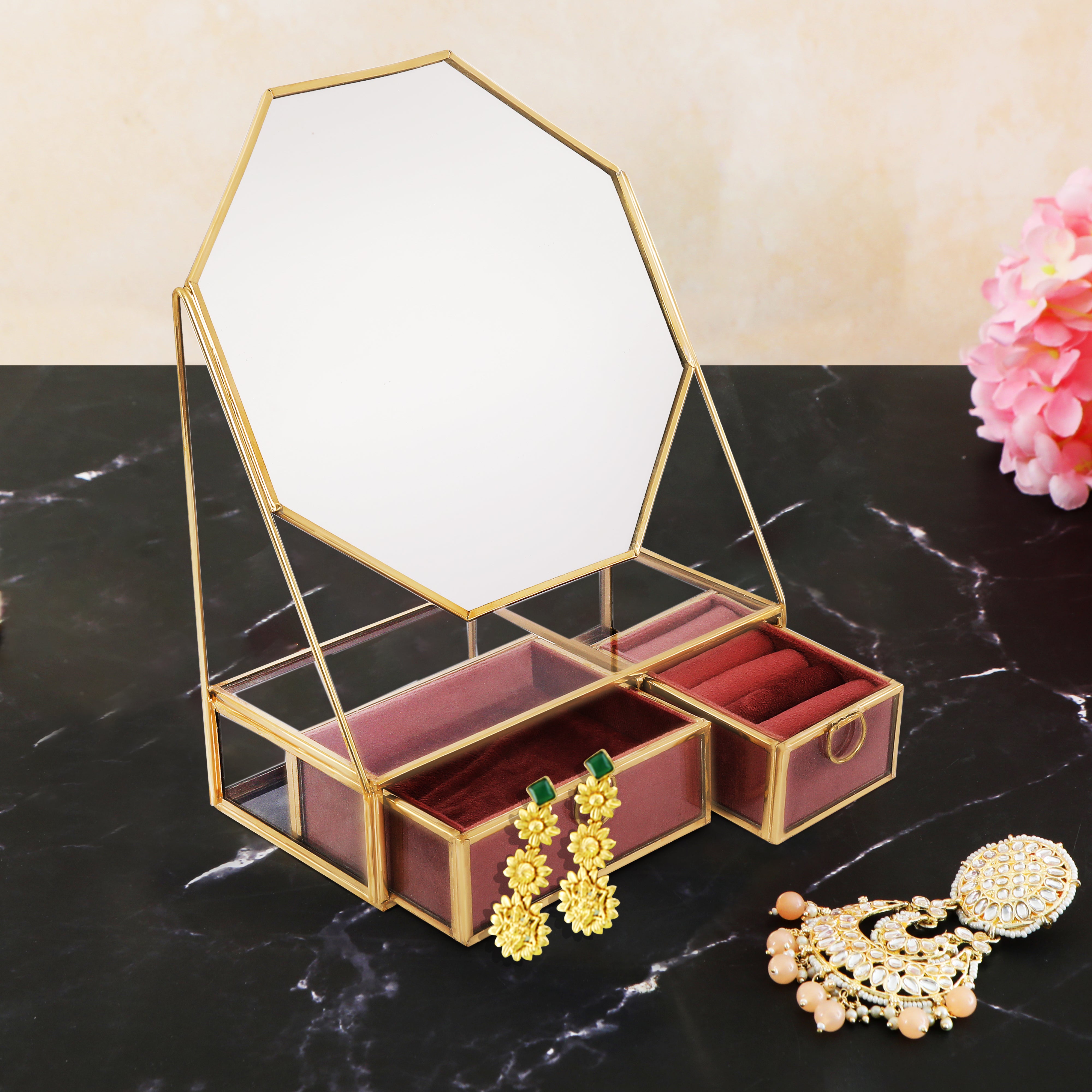 Glass & Metal Jewellery Box With Mirror - Pink