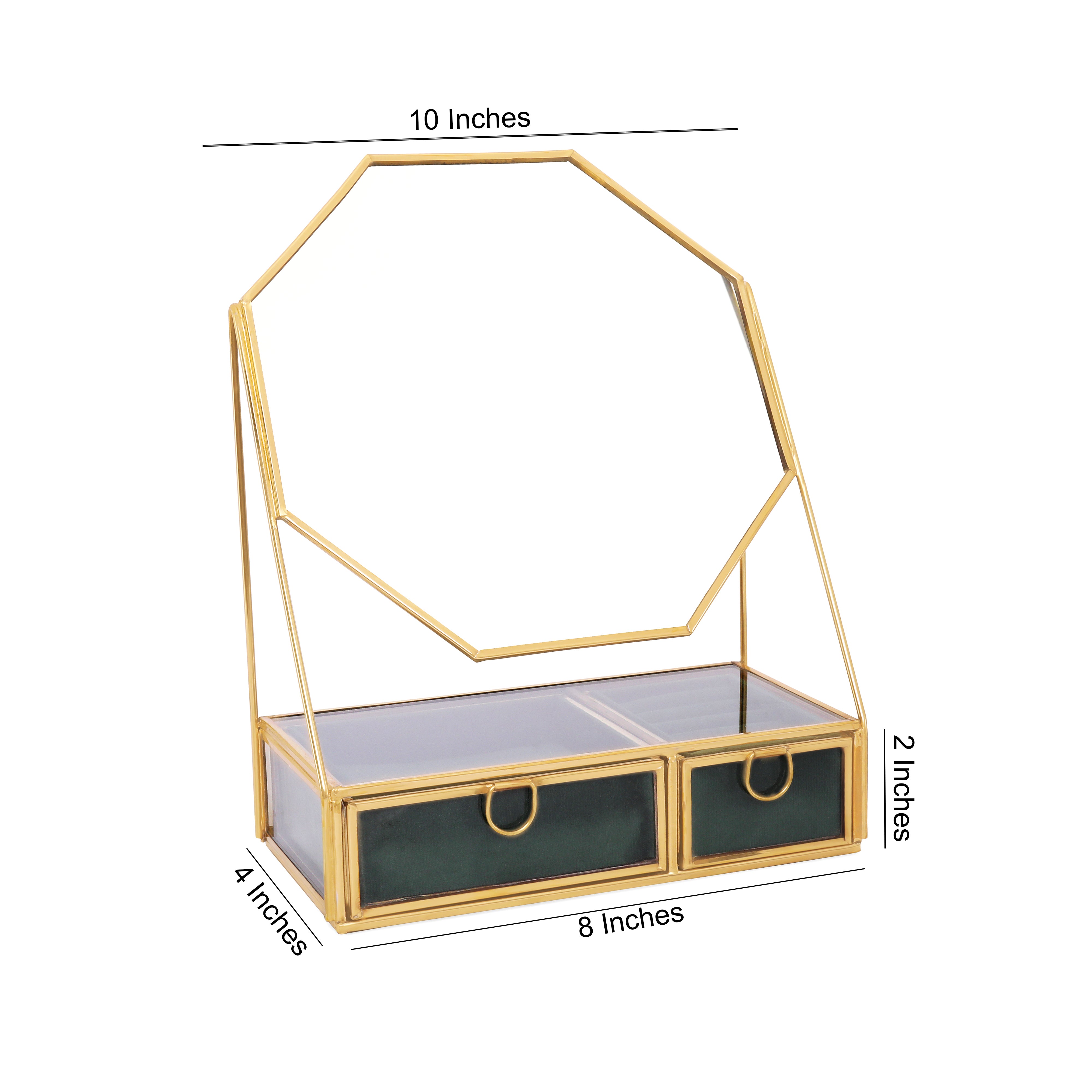 Glass & Metal Jewellery Box With Mirror - Green