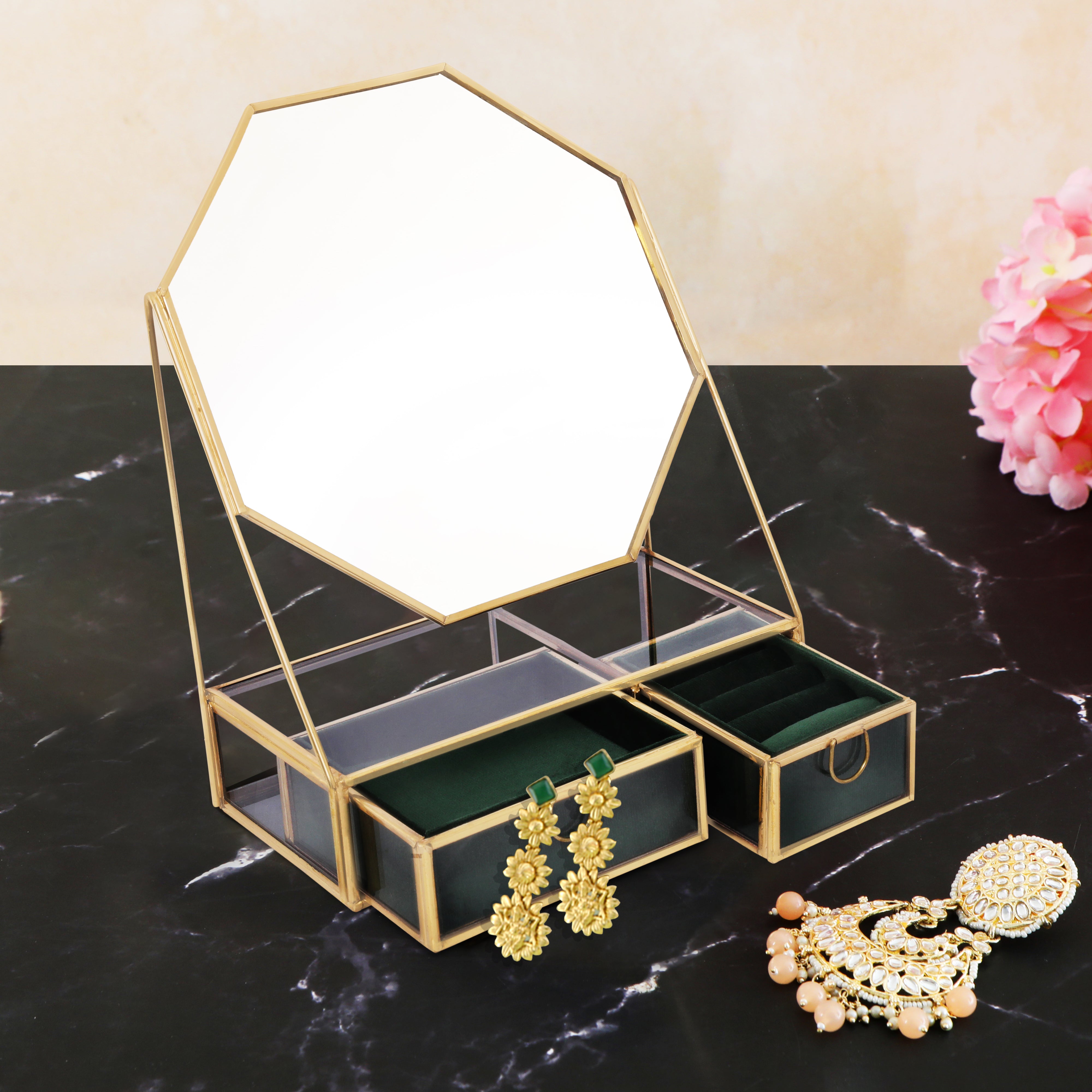 Glass & Metal Jewellery Box With Mirror - Green