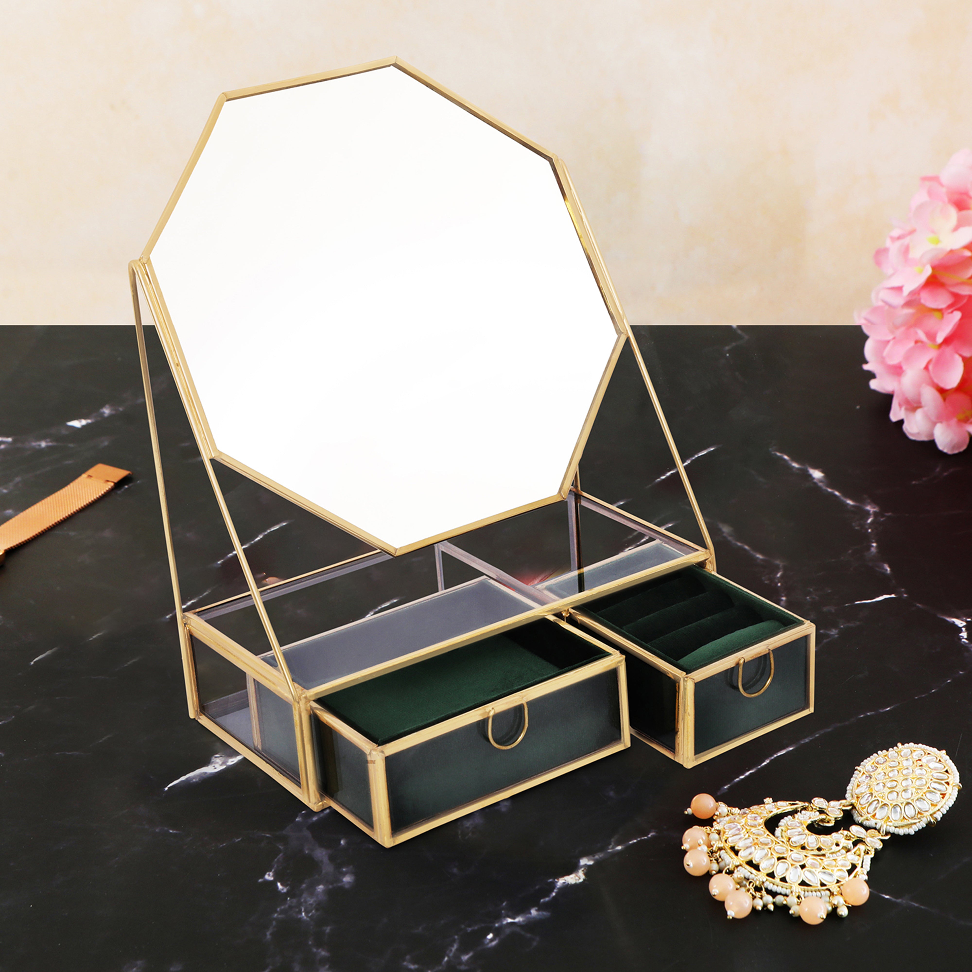 Glass & Metal Jewellery Box With Mirror - Green