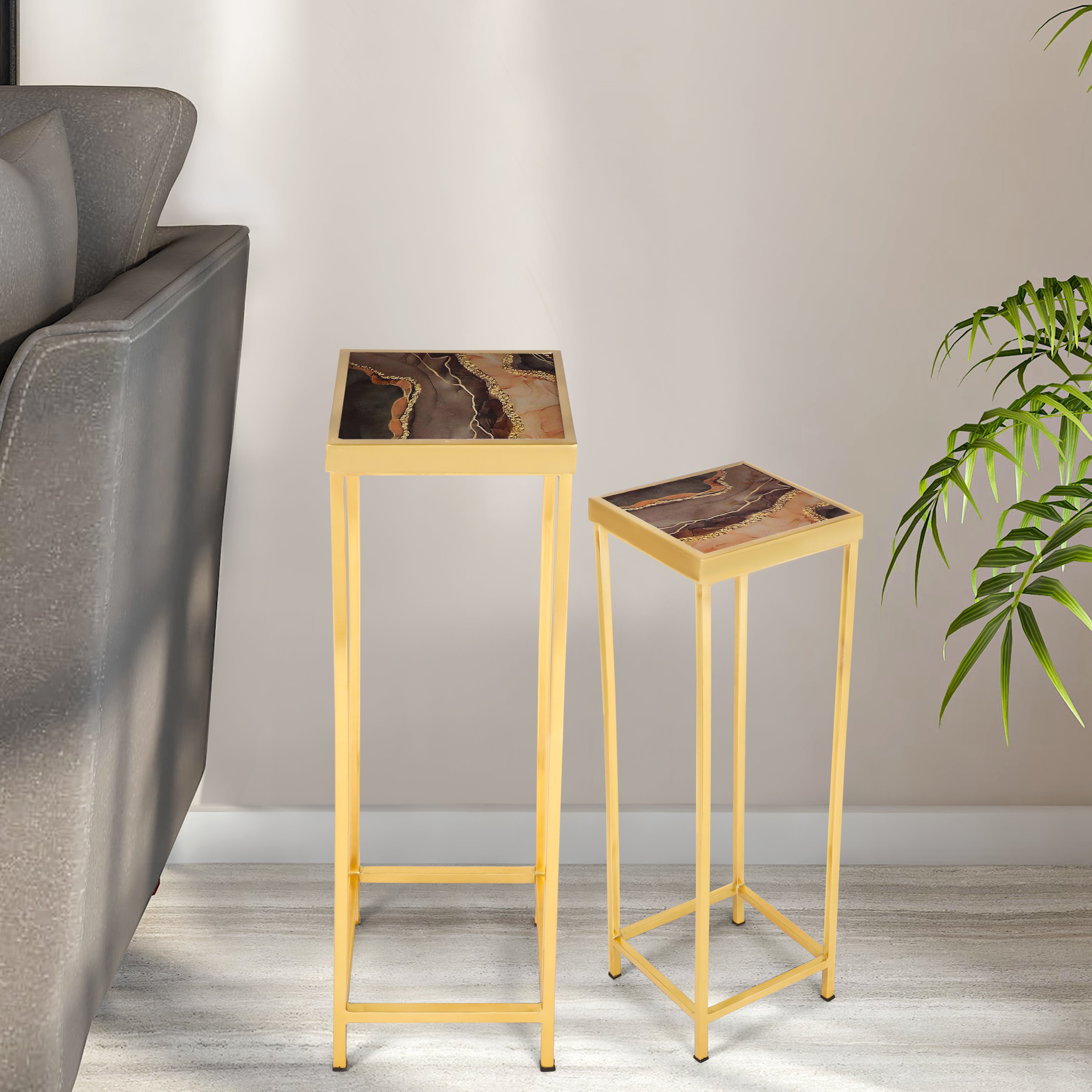 End Table Set Of 2 - Brown Marble Side Table