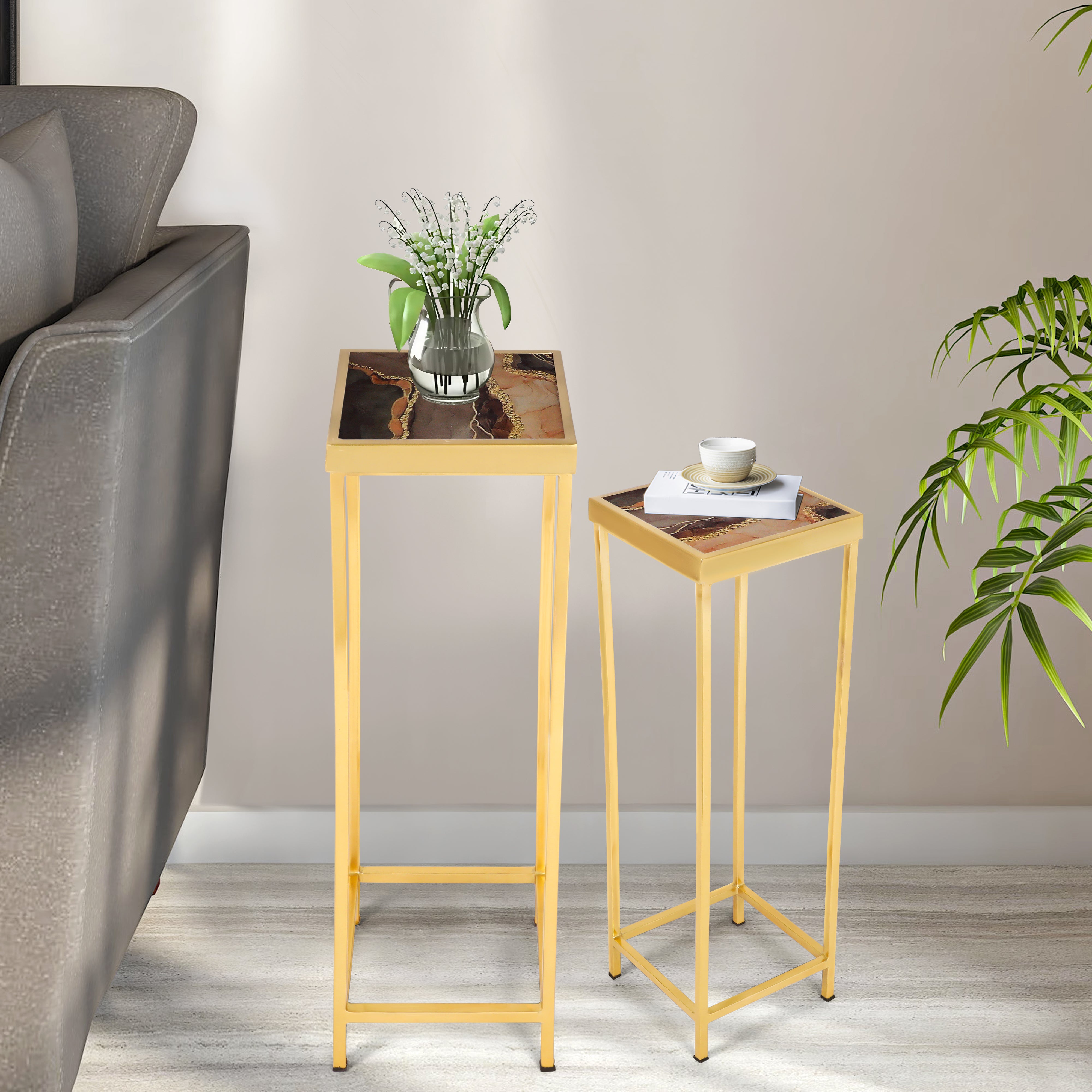 End Table Set Of 2 - Brown Marble Side Table