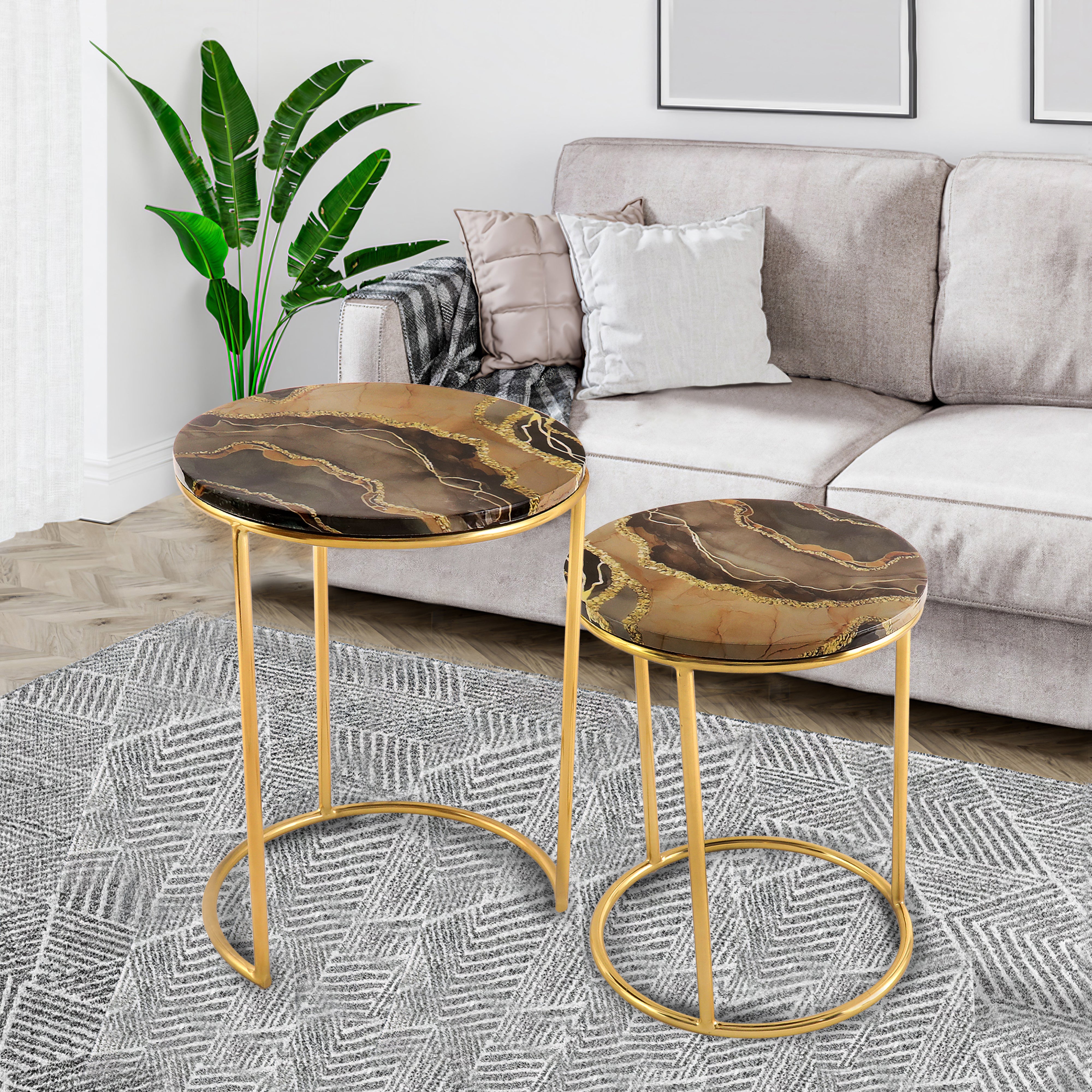 Nested Table Set Of 2 - Brown Marble Side Table